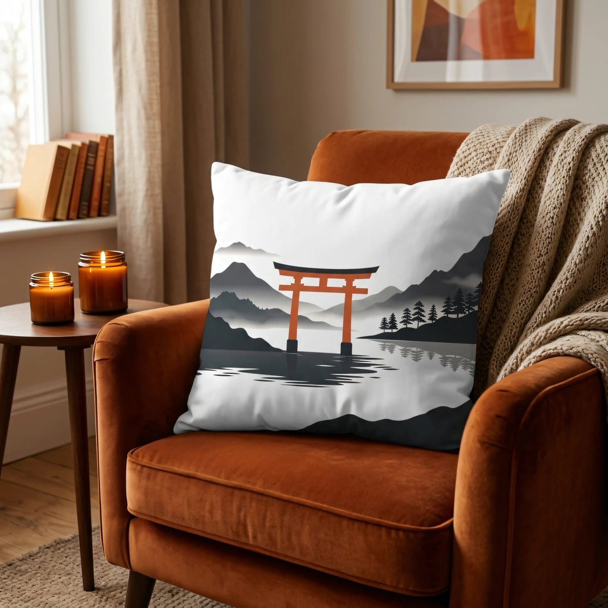 Minimalist Floating Red Gateway Cushion Noir et Blanc, lifestyle view.