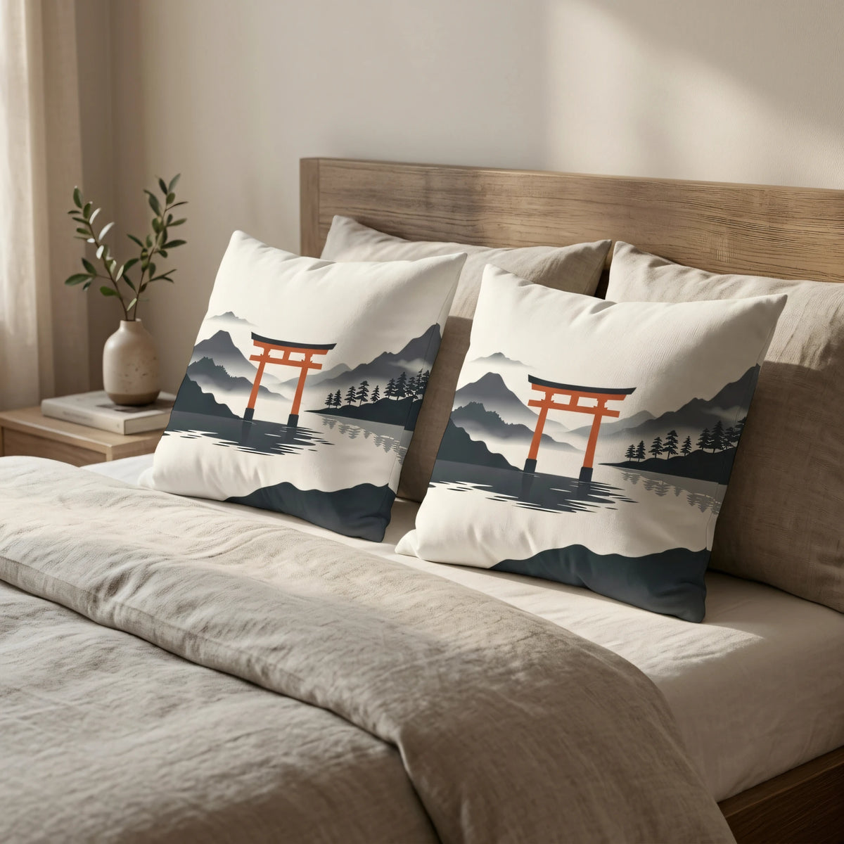 Minimalist Floating Red Gateway Cushion Noir et Blanc, lifestyle view.