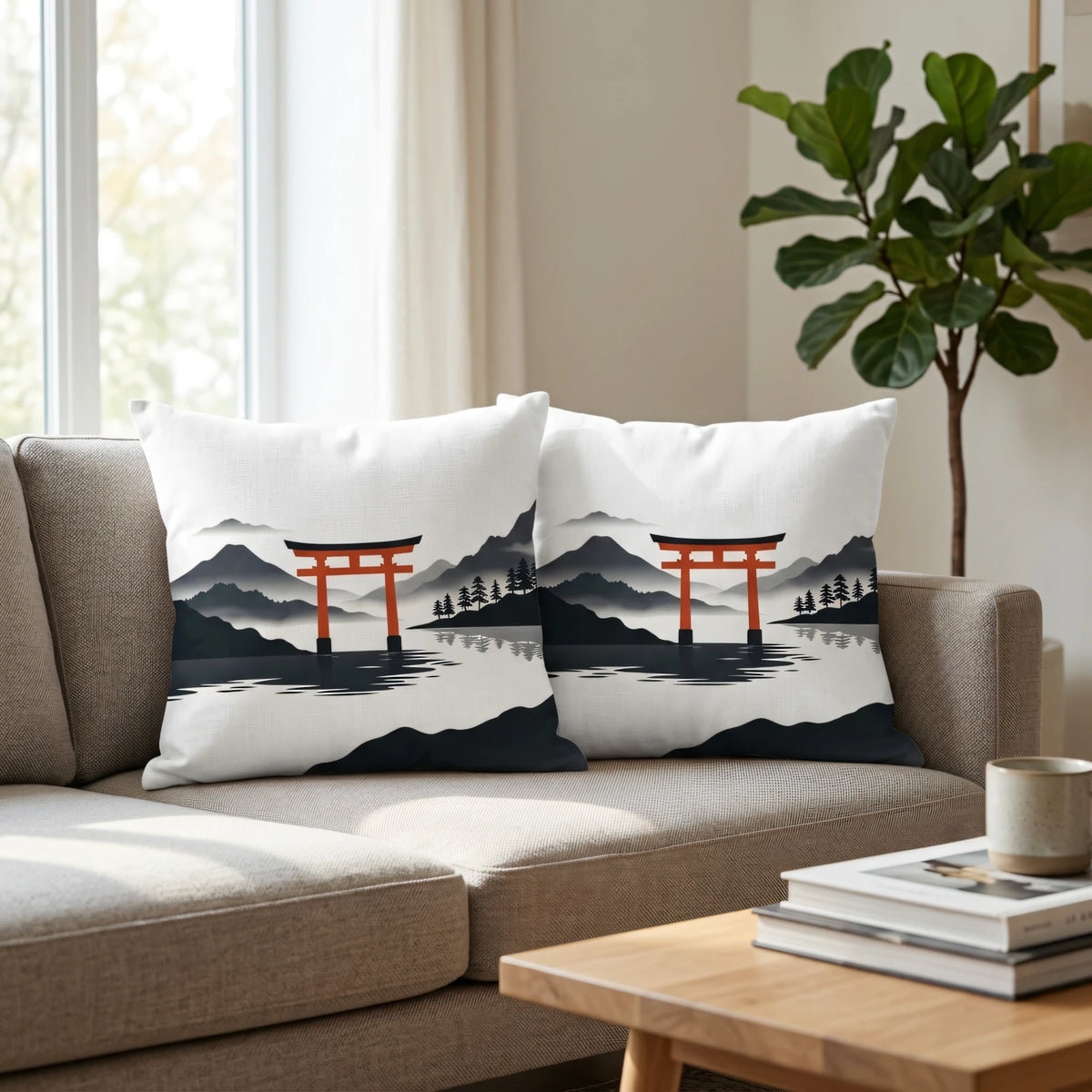 Minimalist Floating Red Gateway Cushion Noir et Blanc, lifestyle view.