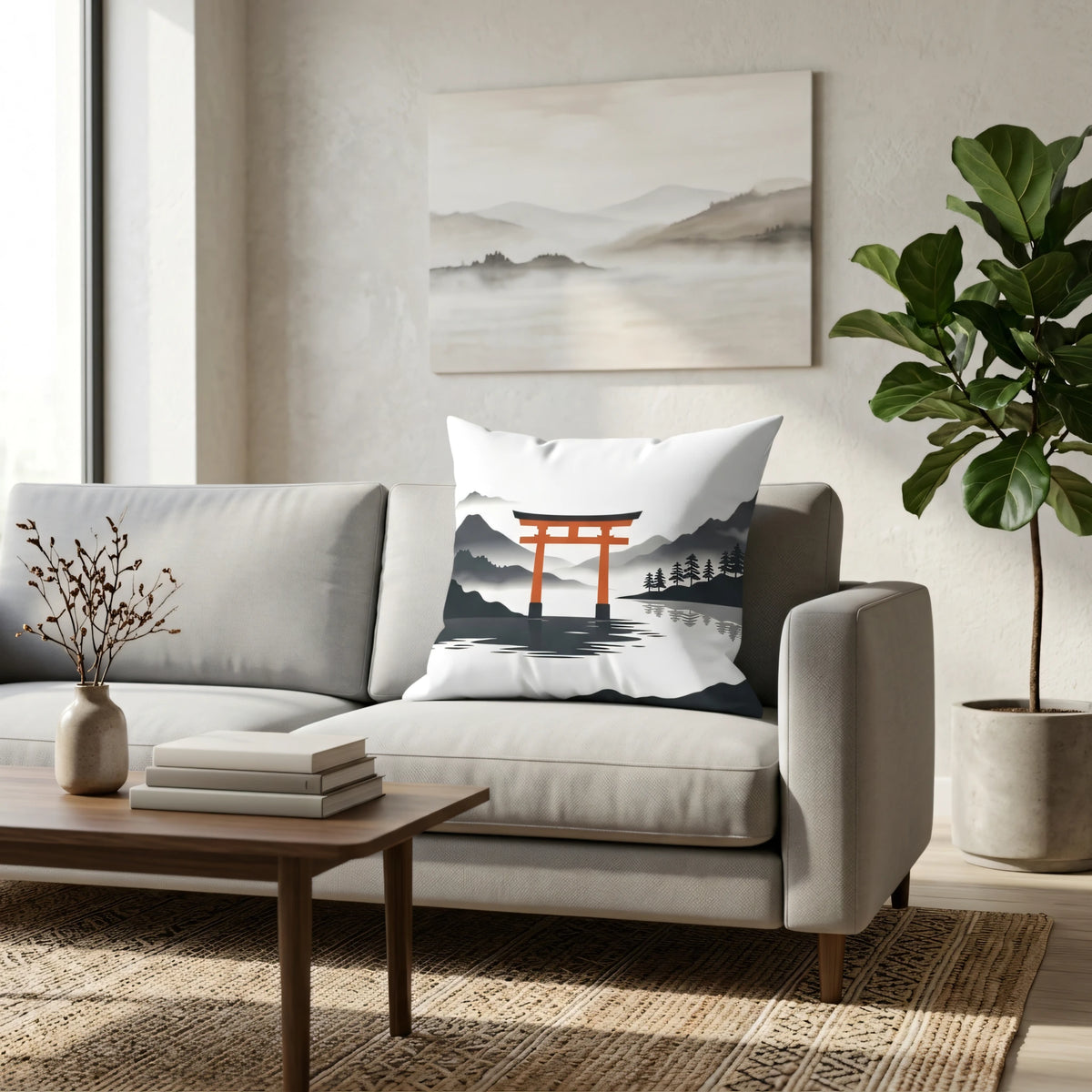 Minimalist Floating Red Gateway Cushion Noir et Blanc, lifestyle view.