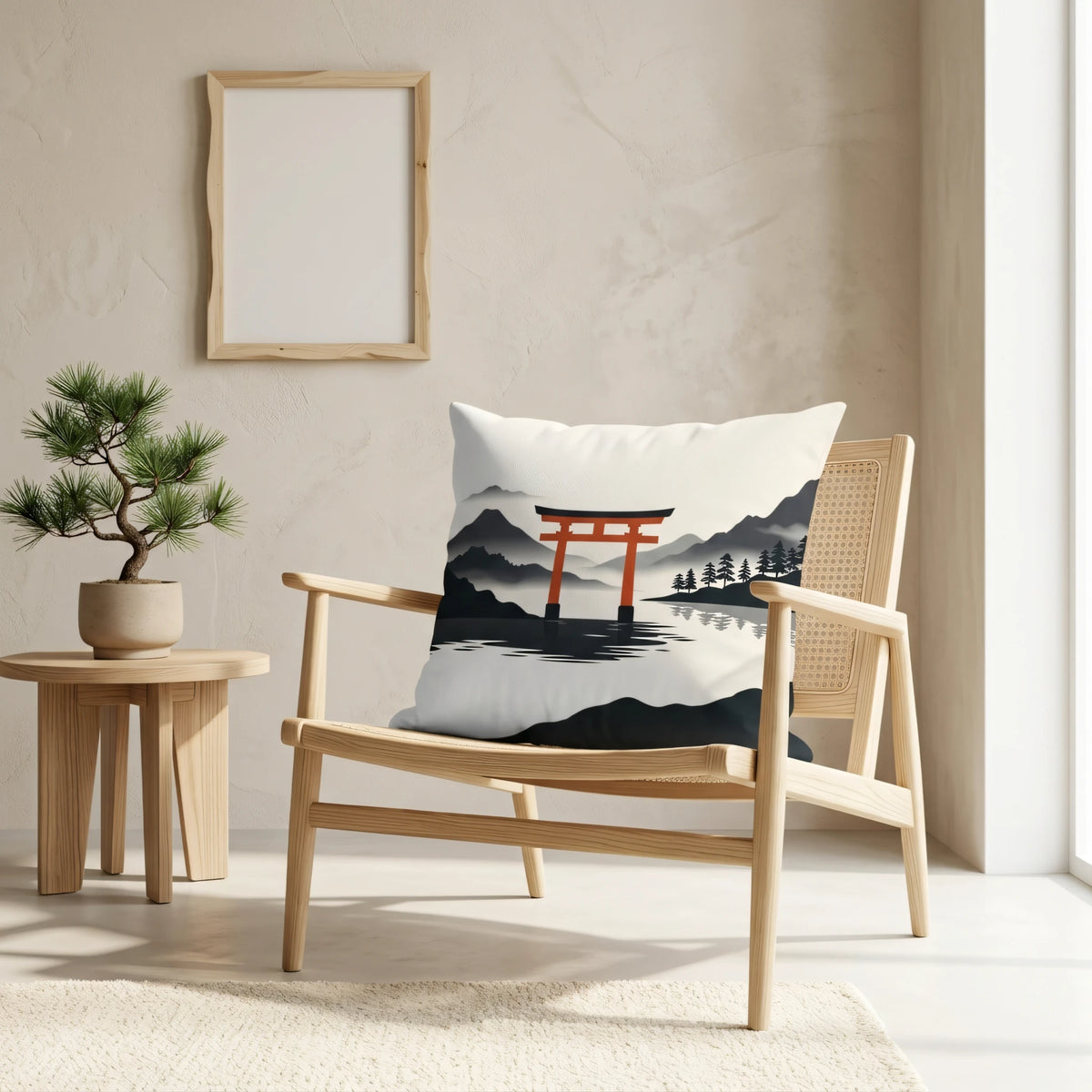 Minimalist Floating Red Gateway Cushion Noir et Blanc, lifestyle view.