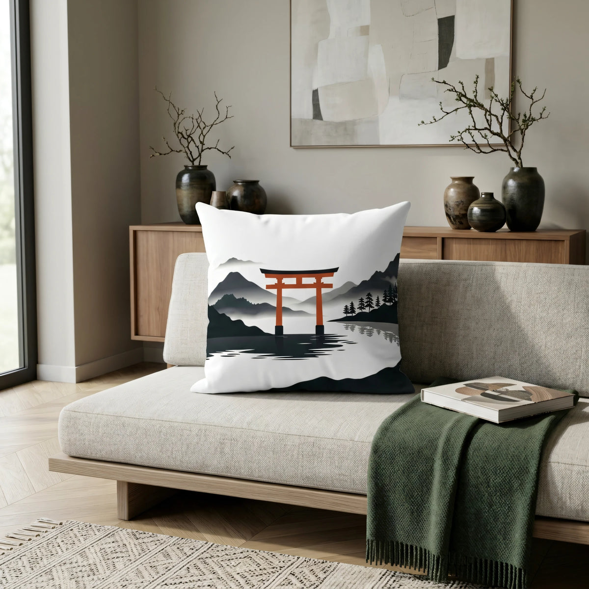 Minimalist Floating Red Gateway Cushion Noir et Blanc, lifestyle view.