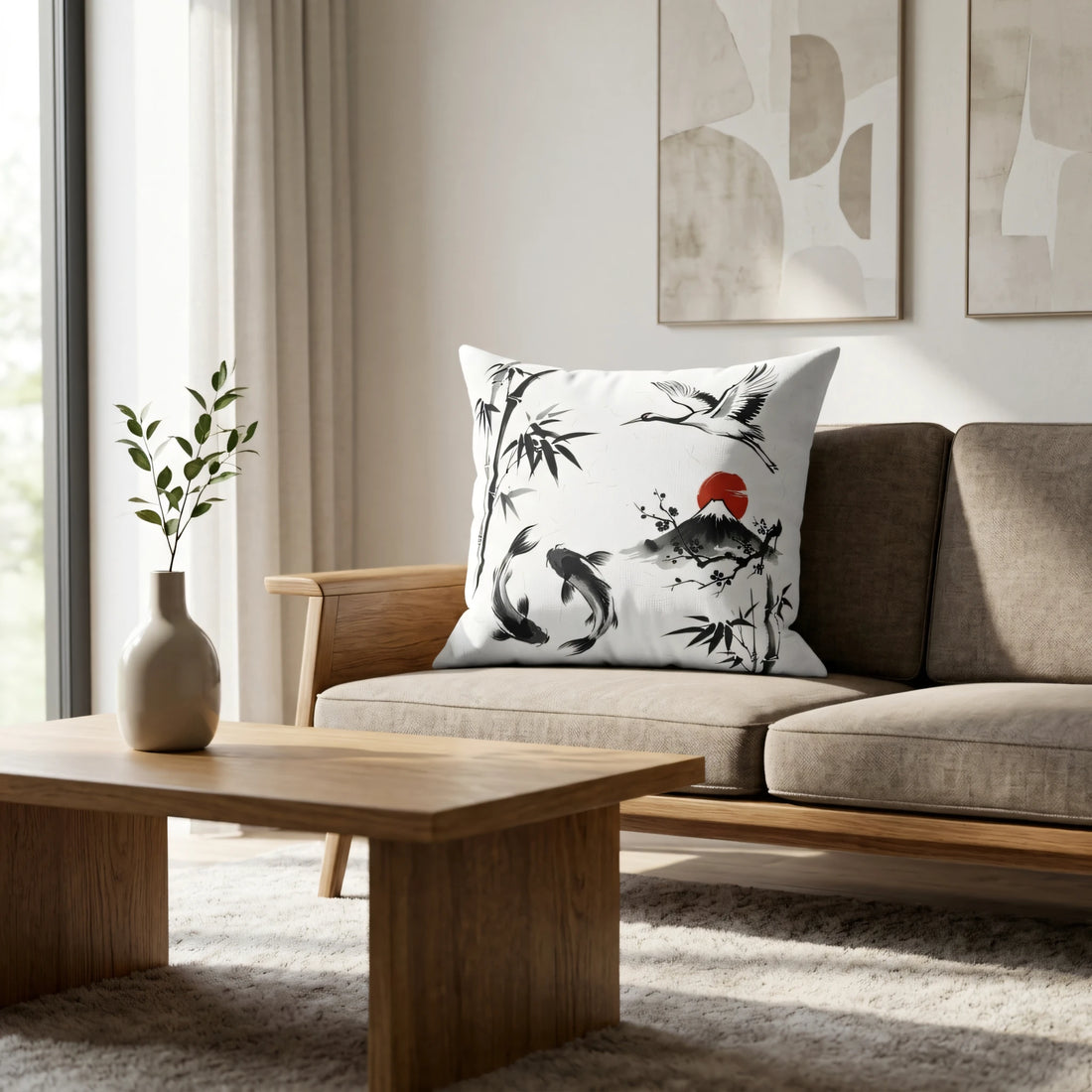 Front view of Oriental Ink Painting Pillow Case White with Flying Crane Koi Fish on a white background.