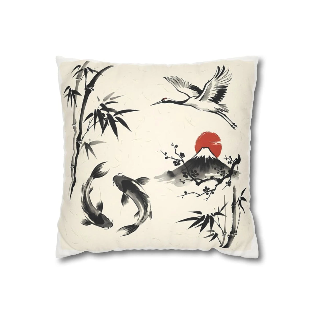 Front view of Oriental Ink Painting Pillow Case White with Flying Crane Koi Fish on a white background.