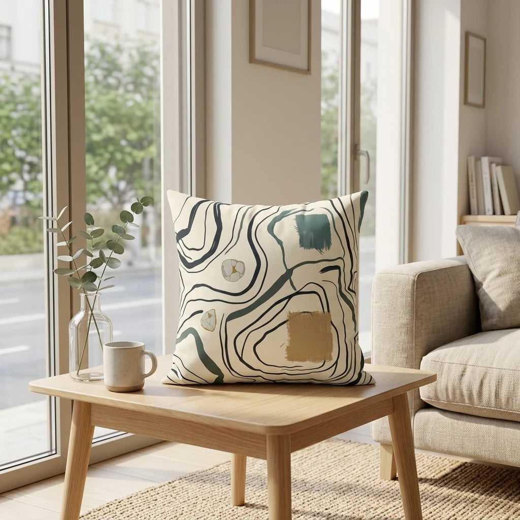 Cream decorative cushion featuring teal lines and tan accents on a wooden coffee table in a sunlit, modern living room interior.