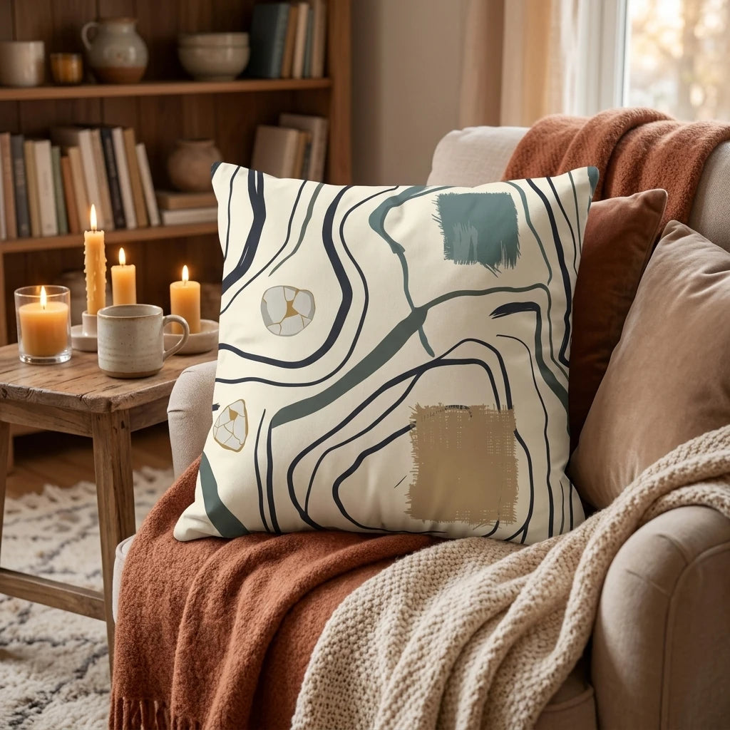 Abstract throw pillow with blue and tan organic shapes on a cozy armchair with blankets and candles in a warm, inviting living room.