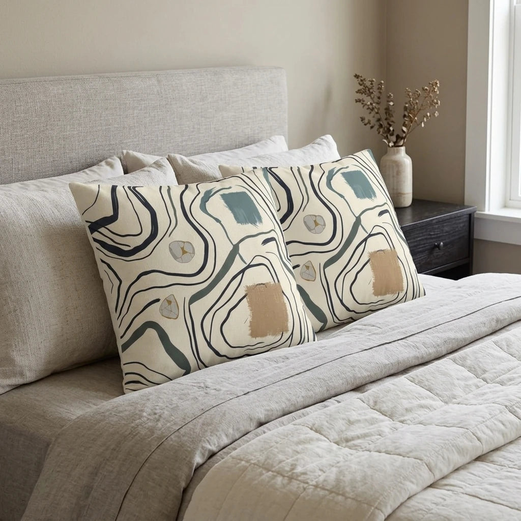 Abstract pattern cushions with navy lines and tan shapes on a bed with grey linens, featuring a modern minimalist bedroom lifestyle setting.