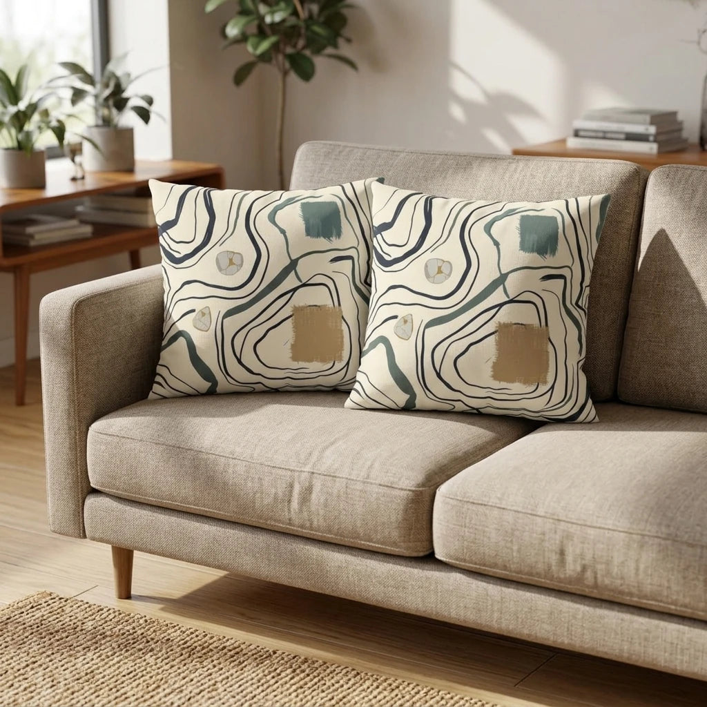 Duo of decorative cushions with abstract topographic patterns in ochre and teal on a light beige sofa in a modern, sunlit living room scene.
