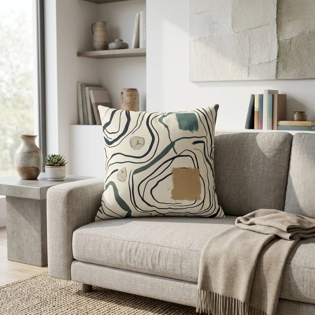 Square decorative pillow with organic navy lines and mustard blocks on a grey sofa in a stylish, light-filled modern living room.