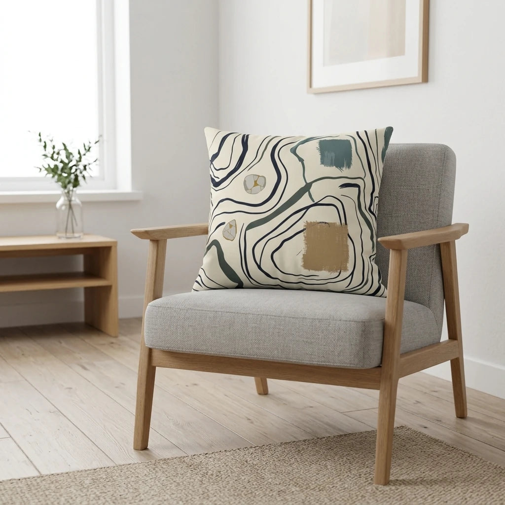 Abstract patterned throw pillow with teal and tan organic shapes, styled on a grey armchair in a bright minimalist interior with light wood decor.