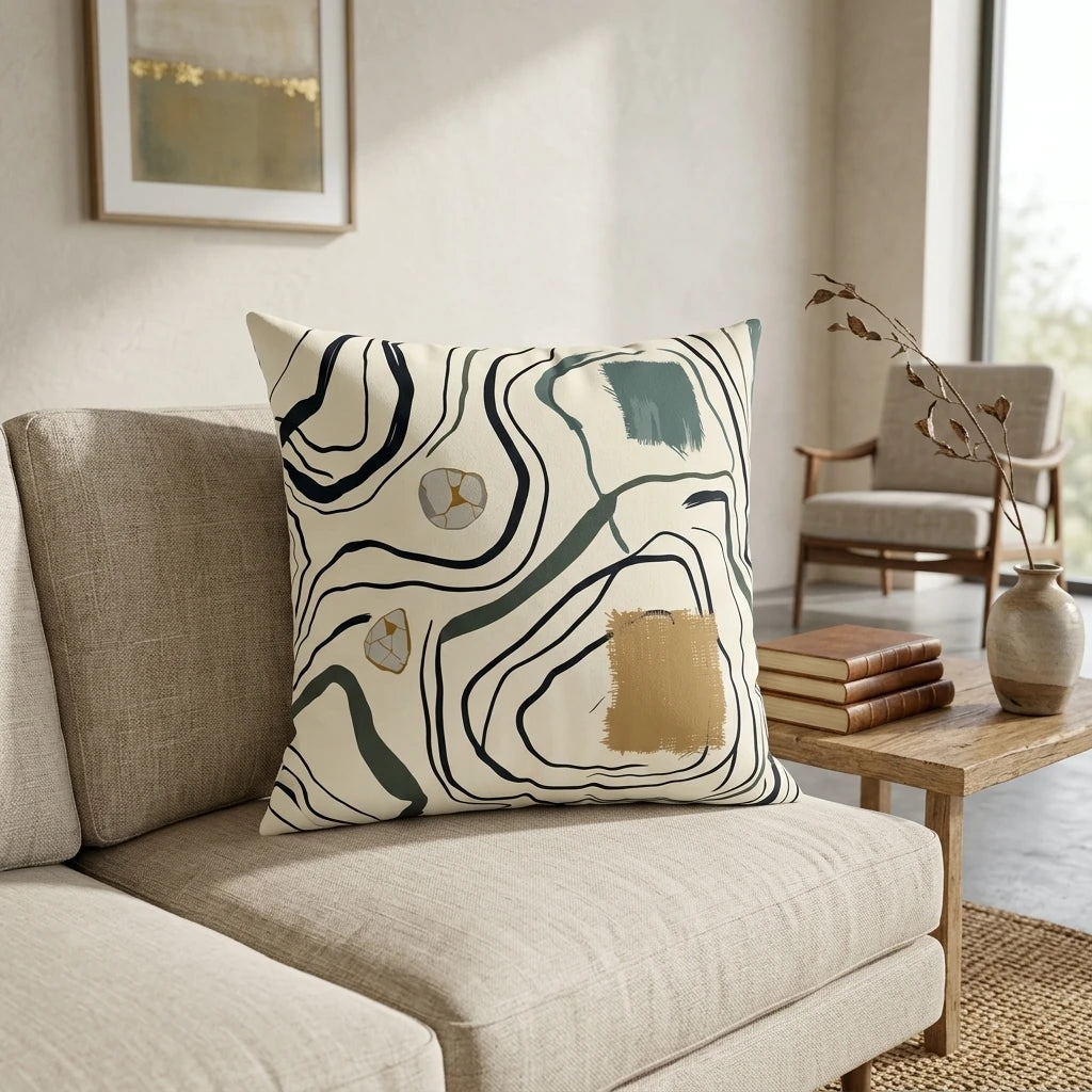 Modern abstract throw pillow with organic lines in teal and gold on a beige sofa in a minimalist living room lifestyle setting.