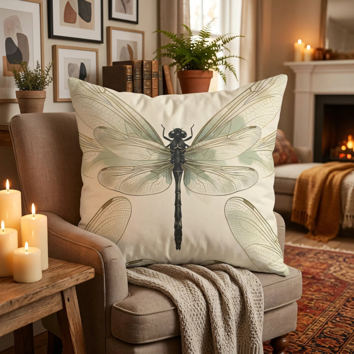Vintage Entomological Throw Pillow Blanc et Noir Detailed Winged, lifestyle view.