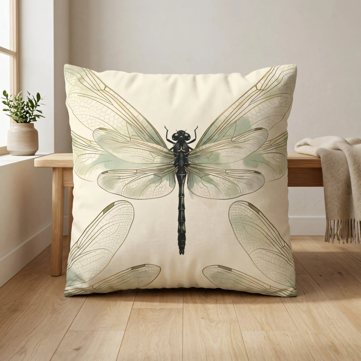 Vintage Entomological Throw Pillow Blanc et Noir Detailed Winged, lifestyle view.
