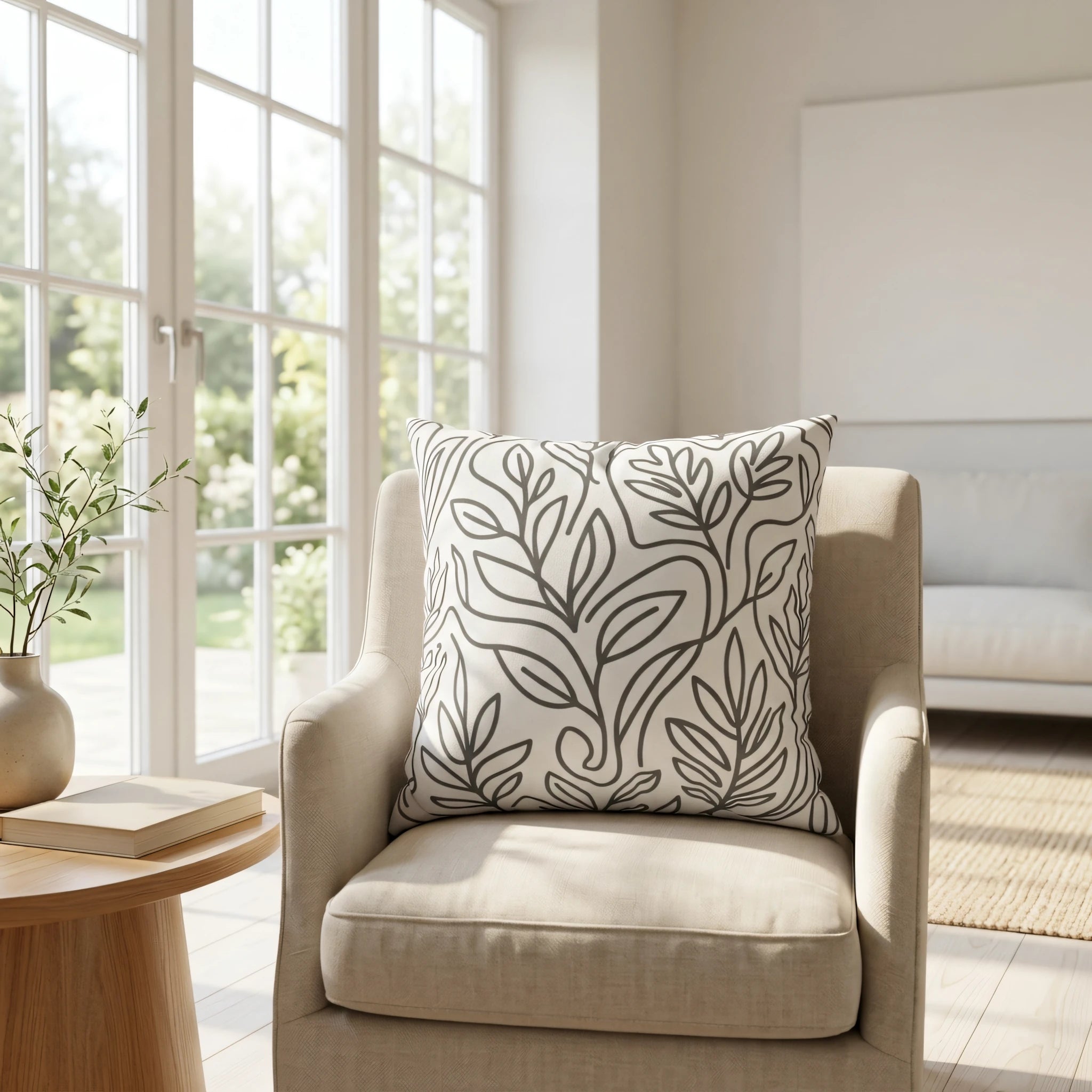 White cushion with black botanical leaf art on a neutral armchair in a bright, sunlit living room with natural window light and a side table.
