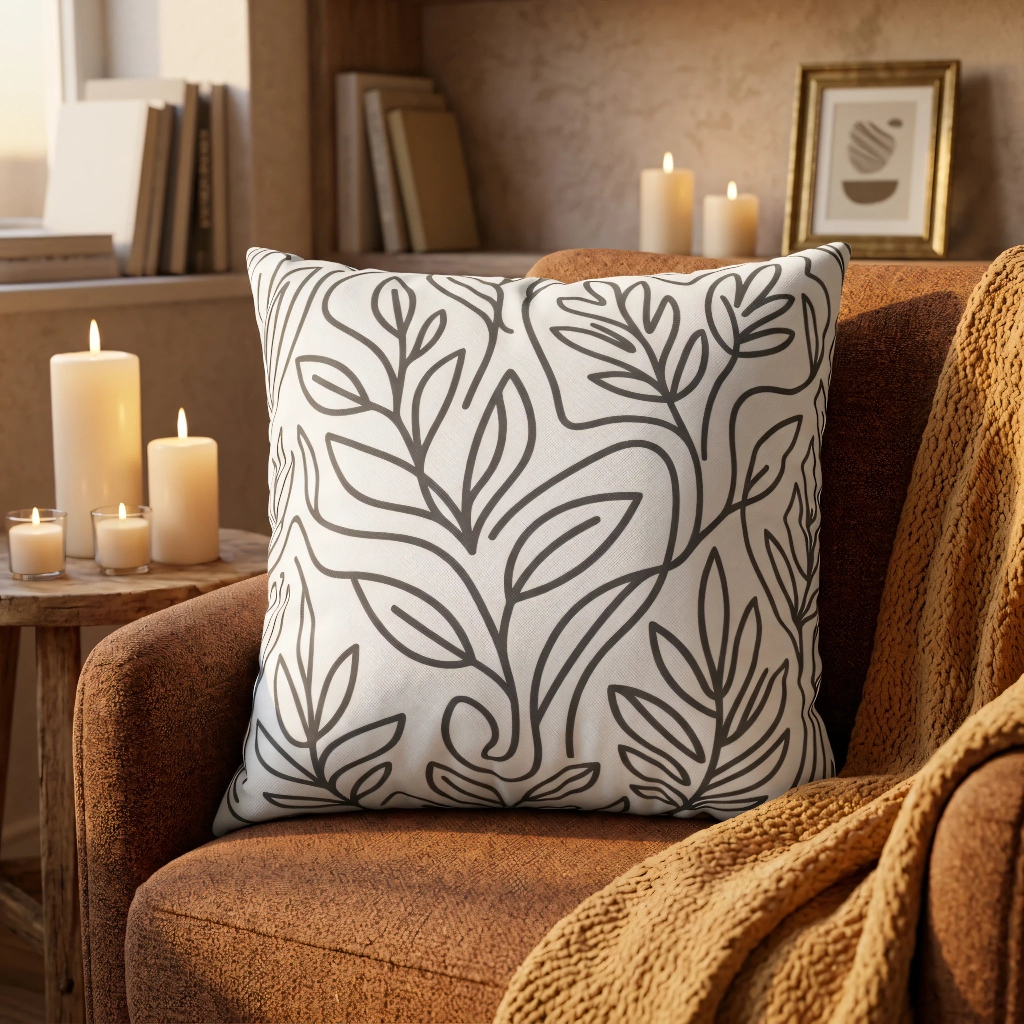Decorative white throw pillow with a minimalist grey leaf line art pattern on a brown armchair in a cozy room with glowing candles.