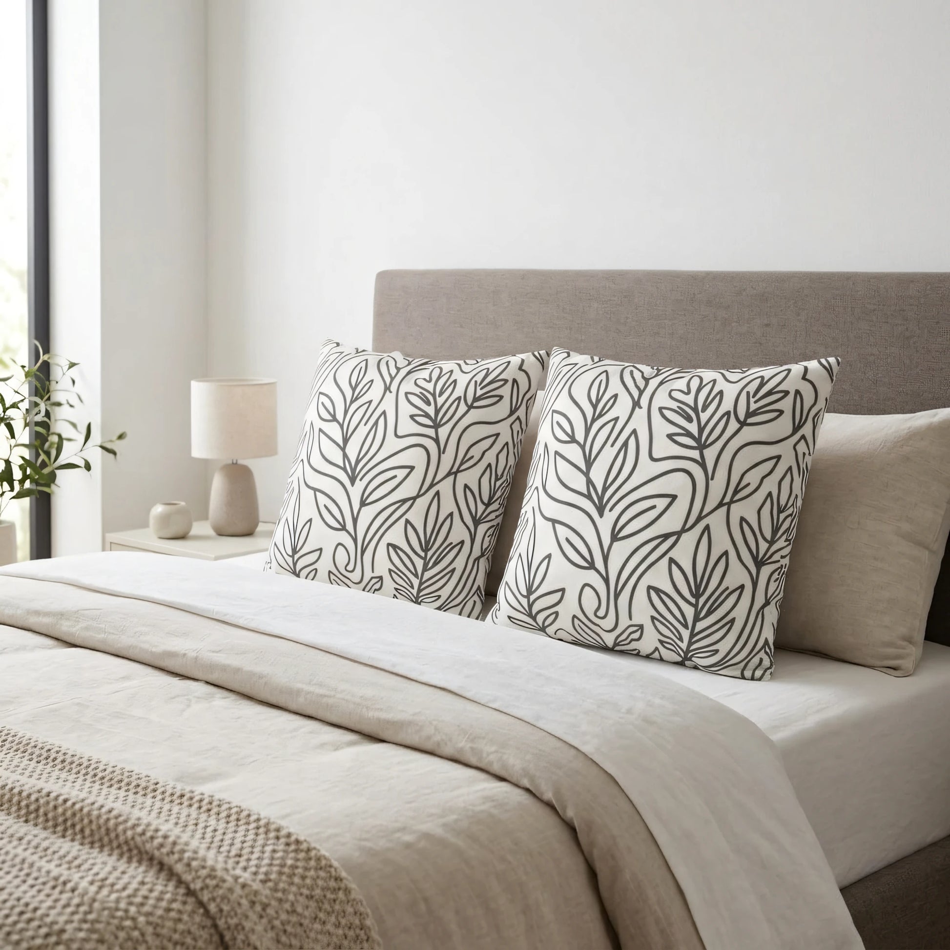 Pair of decorative cushions with grey botanical line art on a neutral bed, featuring a minimalist leaf pattern in a modern bedroom setting.