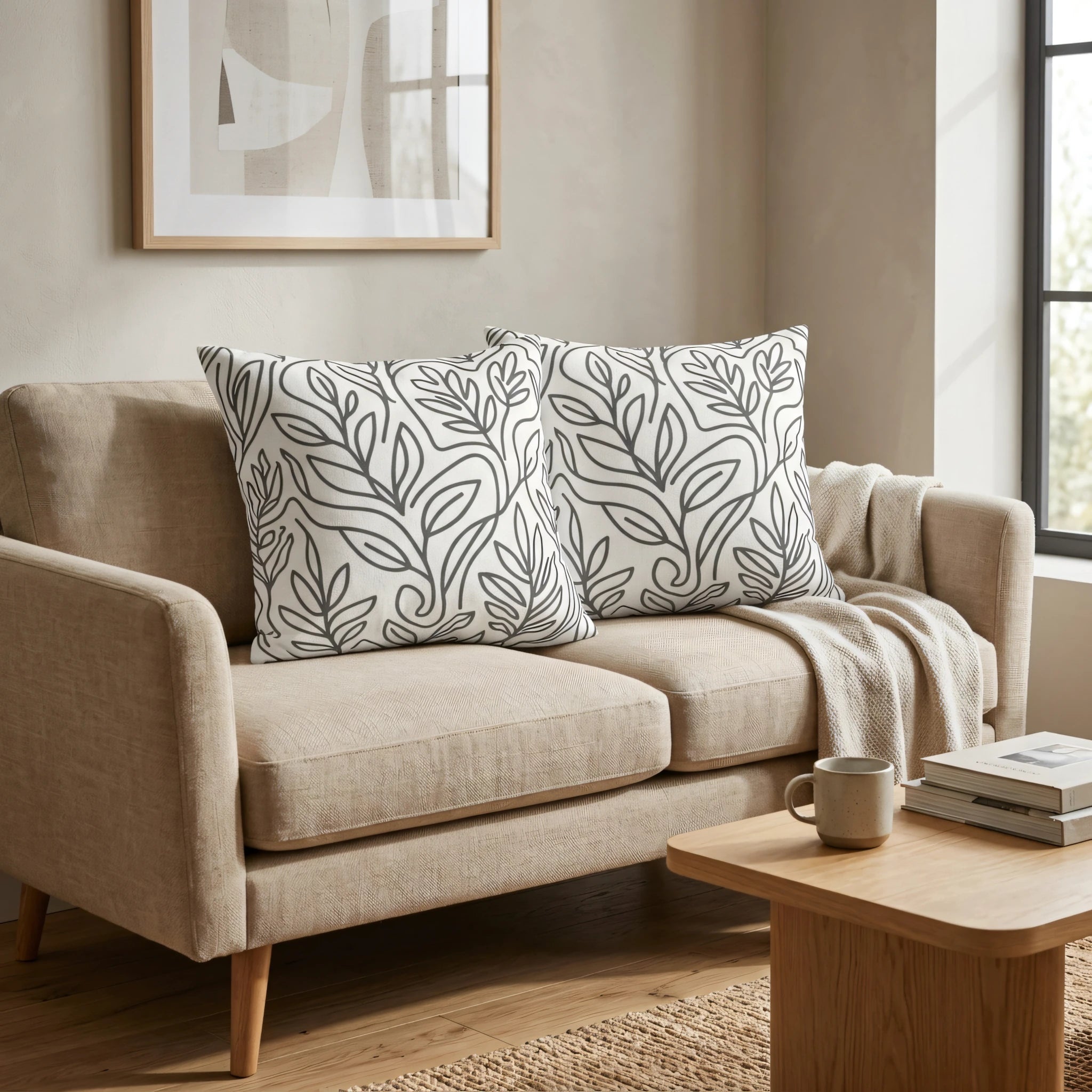 Two white cushions with grey leaf patterns on a beige fabric sofa in a minimalist living room with a wooden coffee table.