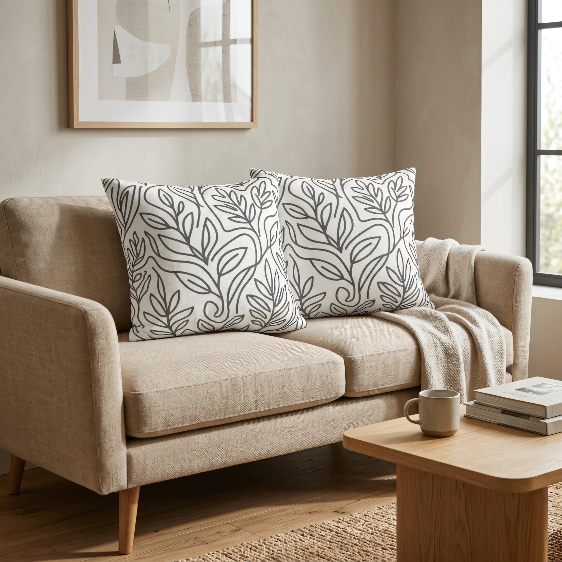 Two white cushions with grey leaf patterns on a beige fabric sofa in a minimalist living room with a wooden coffee table.