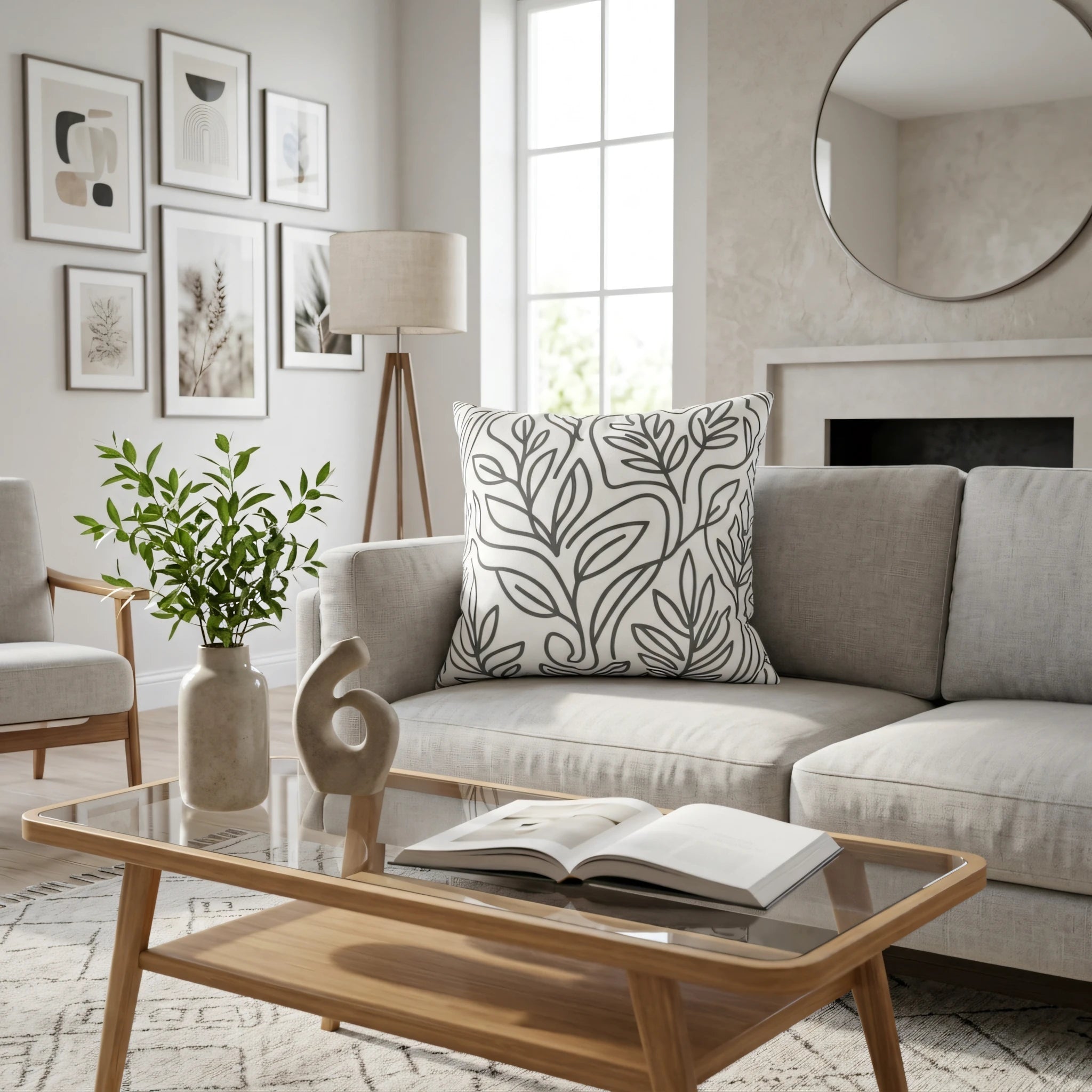Modern cream cushion with a black leaf line art pattern on a grey sofa in a bright living room interior with a wooden coffee table and decor.
