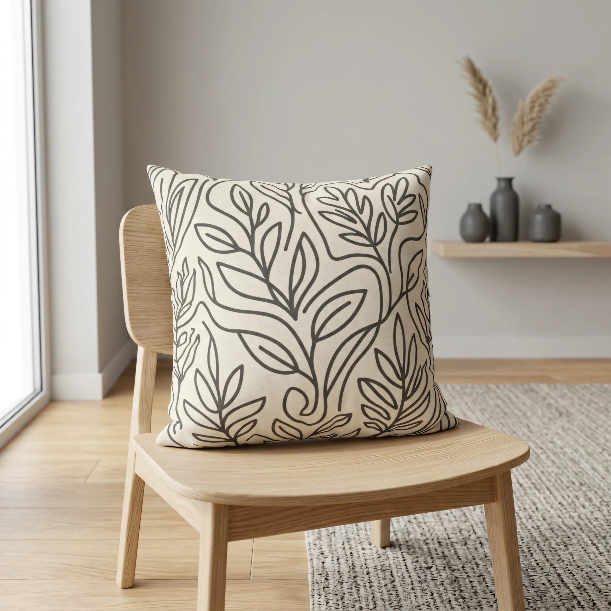 Cream throw pillow with a black leaf line art pattern on a wooden chair in a bright minimalist interior with neutral walls and modern home decor.