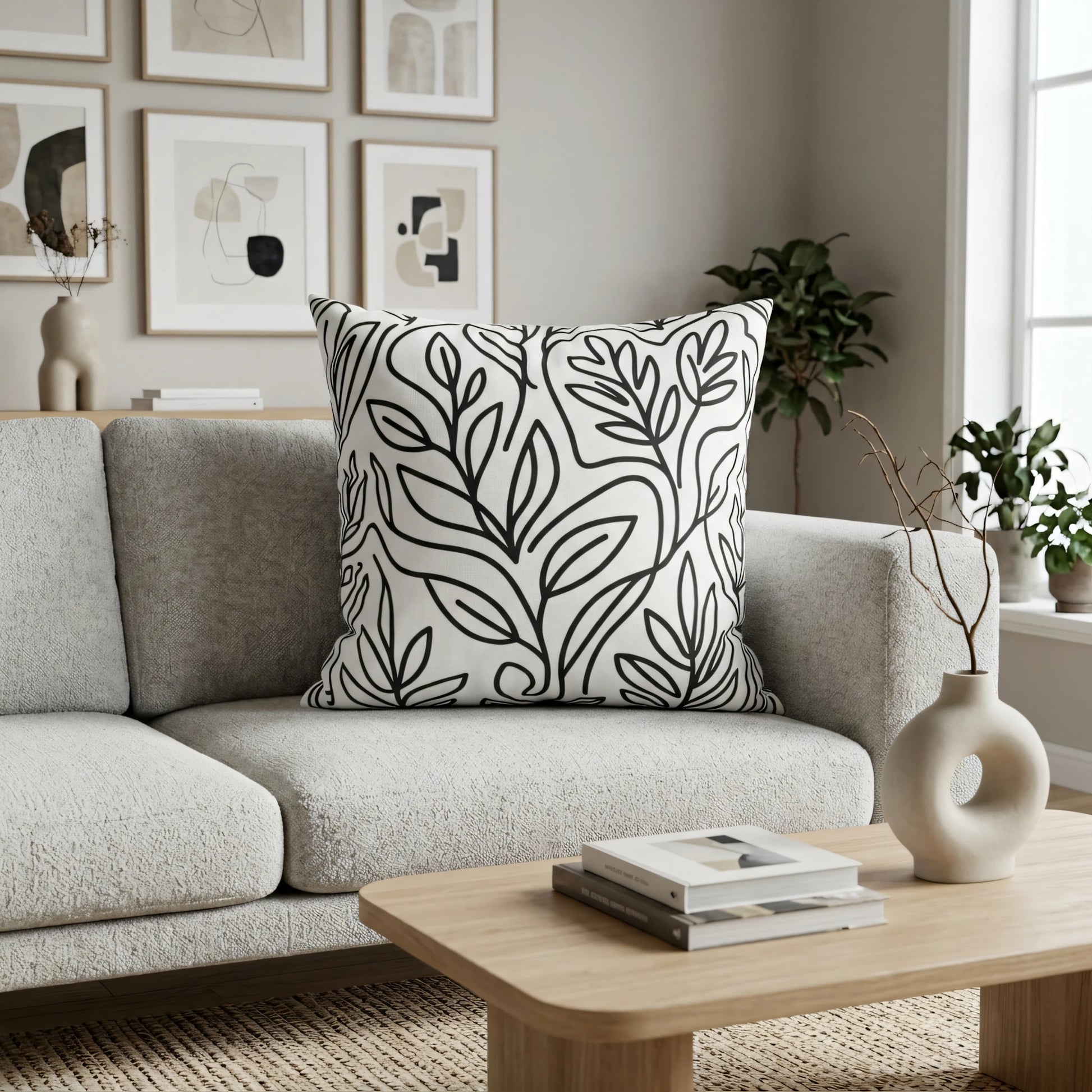 Decorative throw pillow featuring a black and white leaf design on a light grey couch in a stylish, minimalist living room setting.
