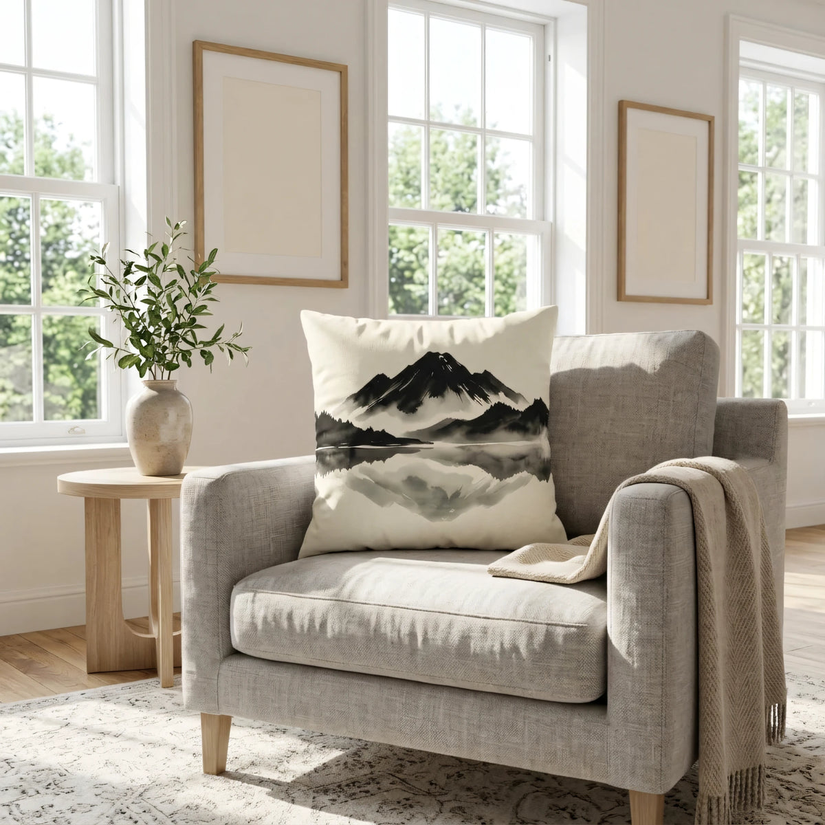 Monochrome Ink Wash Square Cushion Noir, lifestyle view.