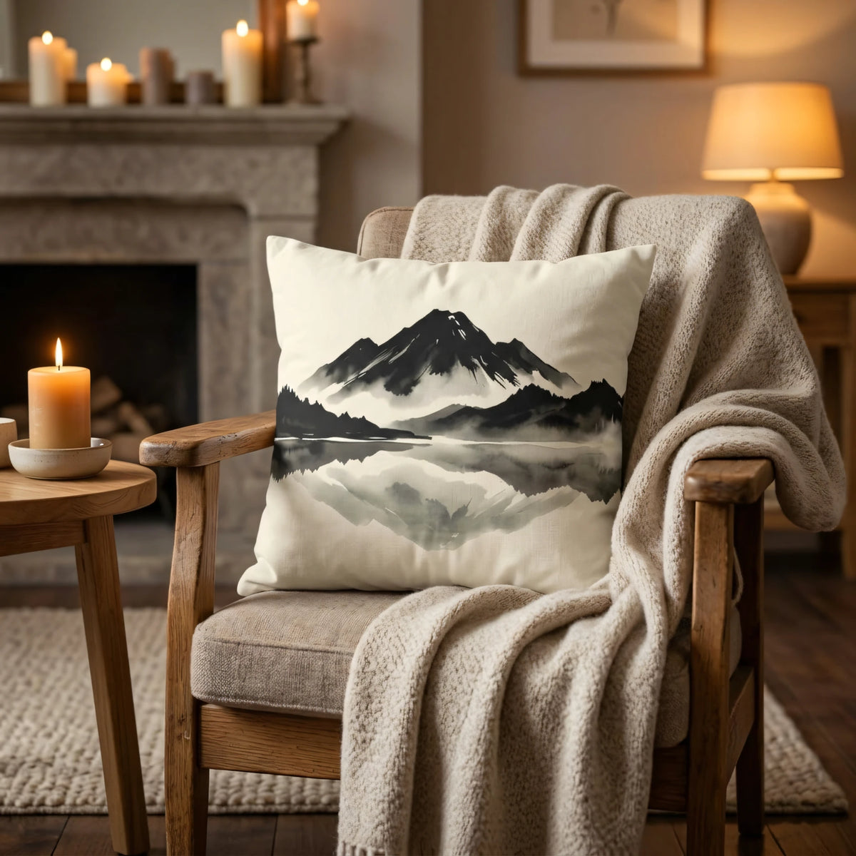 Monochrome Ink Wash Square Cushion Noir, lifestyle view.