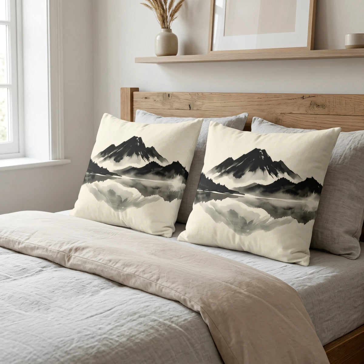 Monochrome Ink Wash Square Cushion Noir, lifestyle view.