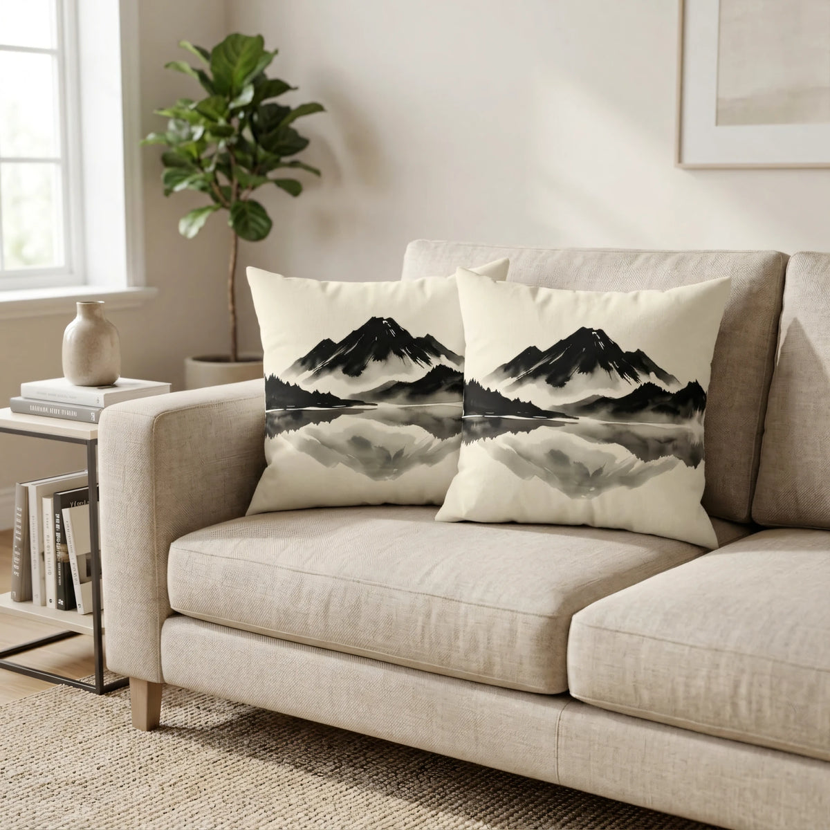 Monochrome Ink Wash Square Cushion Noir, lifestyle view.