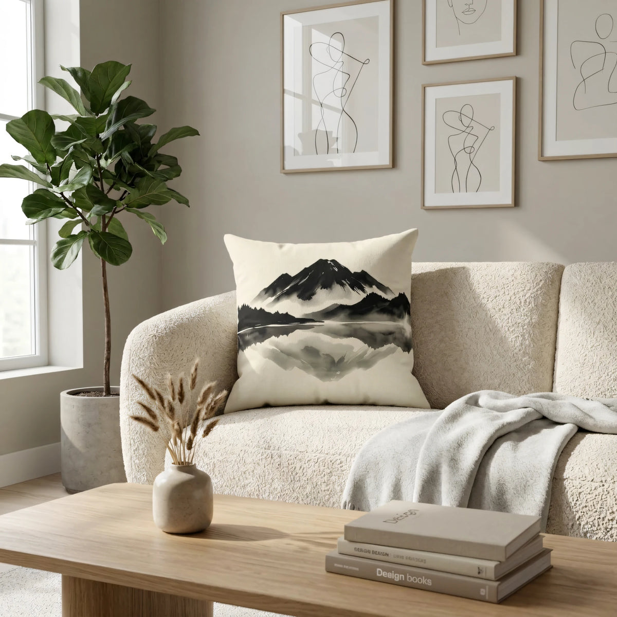 Monochrome Ink Wash Square Cushion Noir, lifestyle view.
