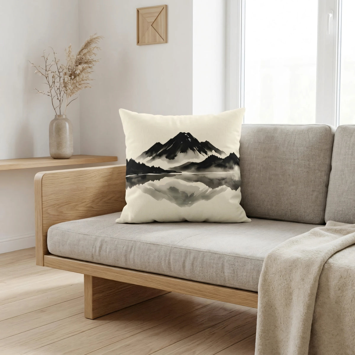 Monochrome Ink Wash Square Cushion Noir, lifestyle view.