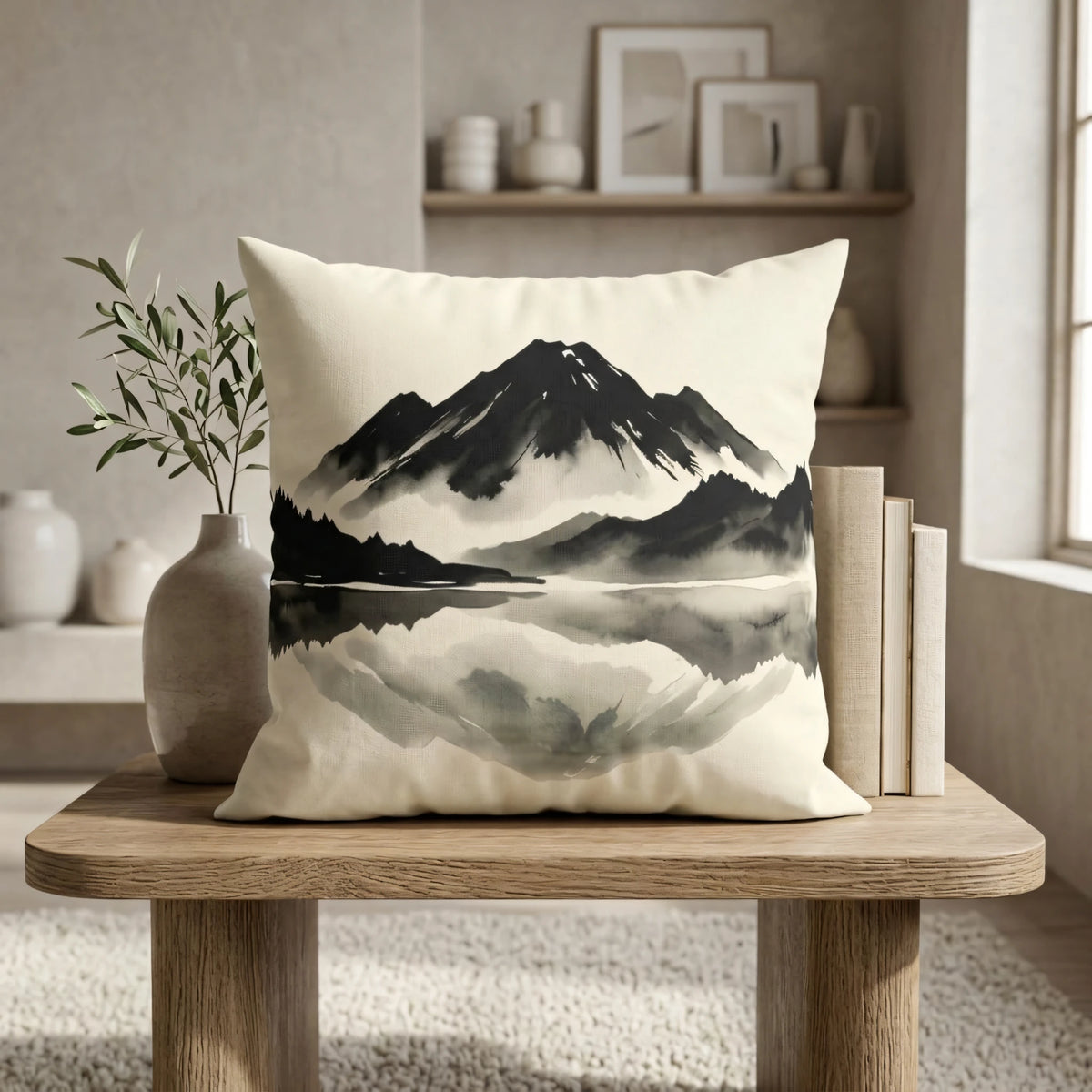Monochrome Ink Wash Square Cushion Noir, lifestyle view.