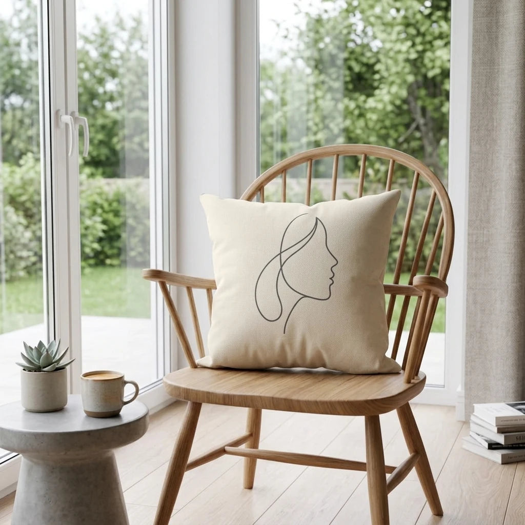 Minimalist line art face profile cushion on a wooden chair in a bright, sunlit room with large windows and a small side table.