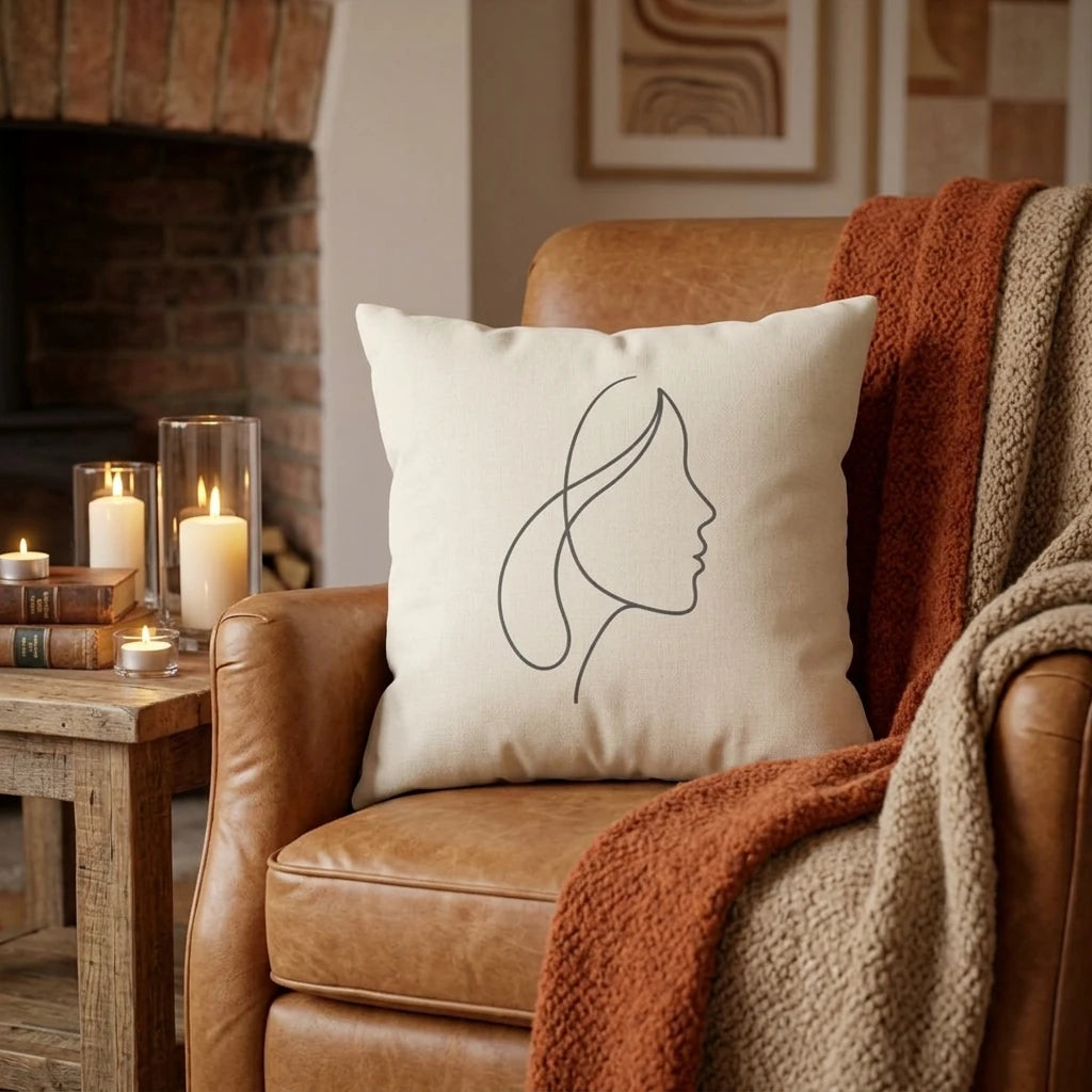 Cream cushion with a black minimalist face profile on a leather chair, surrounded by warm blankets and candles for a cozy home ambiance.