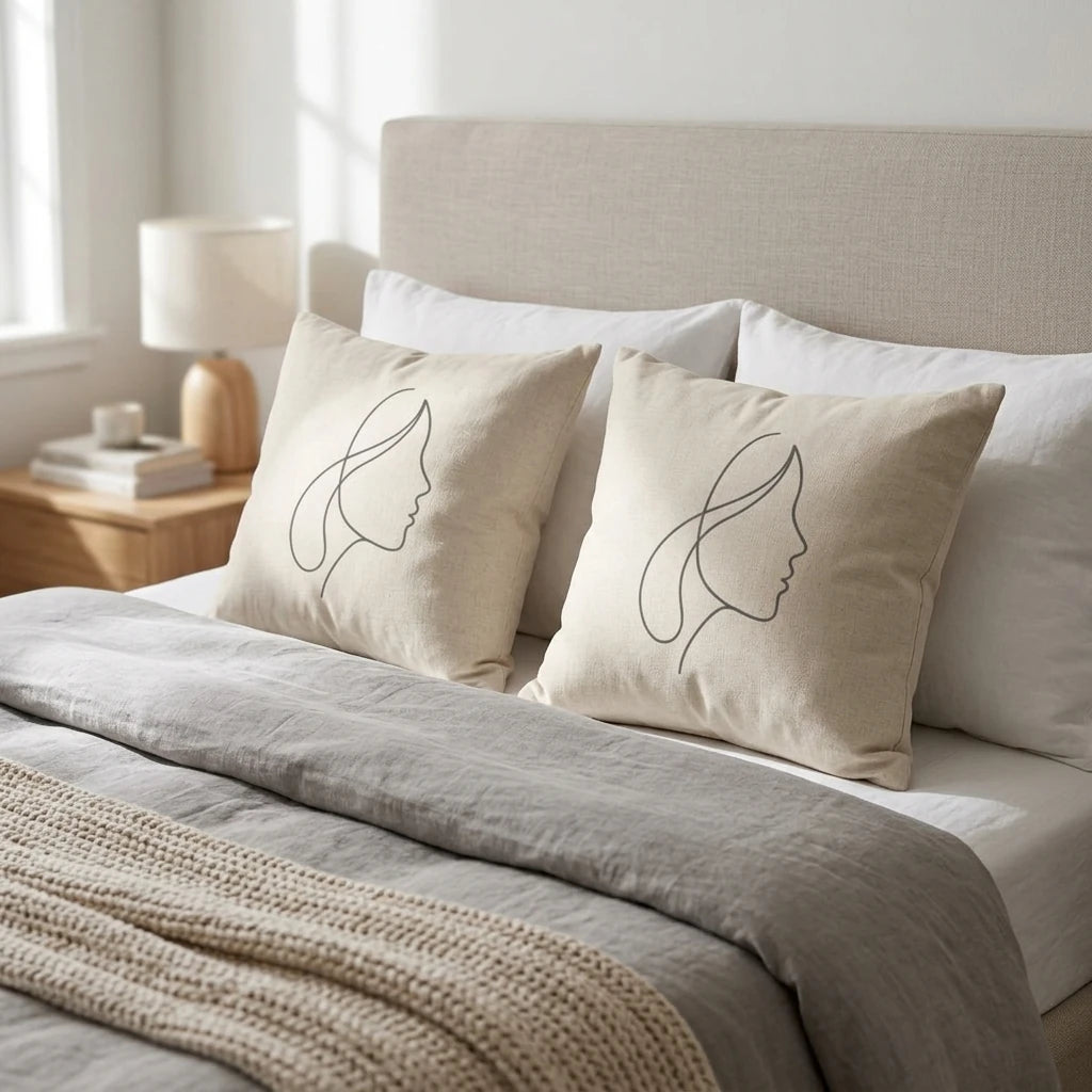 Two beige throw pillows with minimalist woman profile line art on a modern bed with grey bedding and a beige headboard in a bright bedroom.