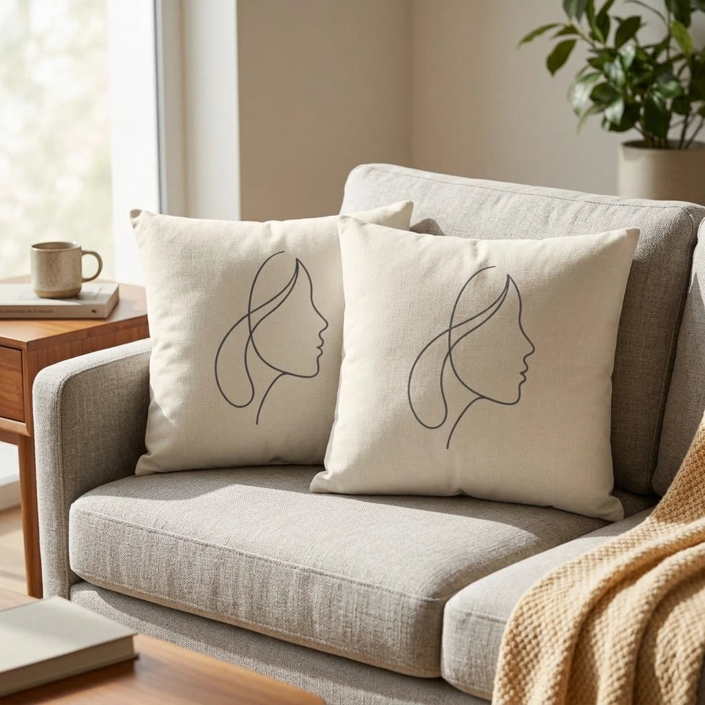 Two cream decorative pillows with minimalist woman profile line art displayed on a grey sofa in a modern, sunlit living room.