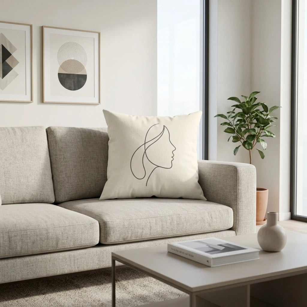 Minimalist black line art woman profile on a cream cushion resting on a beige sofa in a bright, modern living room lifestyle setting.