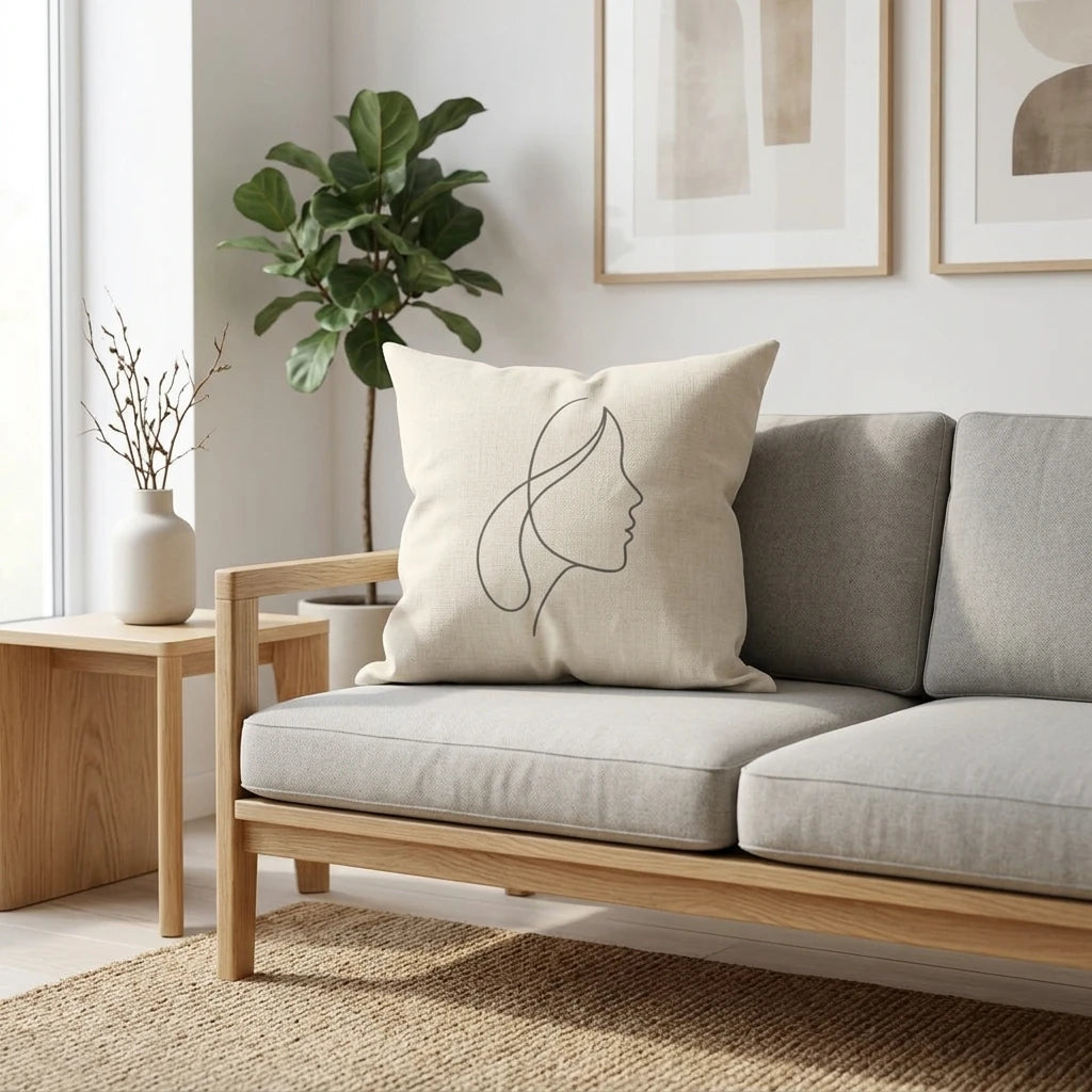 Cream minimalist pillow with female face line art on a gray sofa in a bright modern living room interior with wooden furniture and plants.