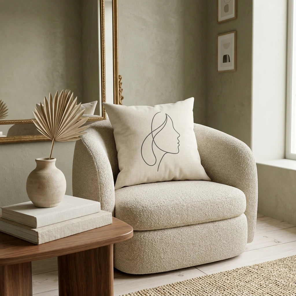 Minimalist woman profile line art cushion on a textured boucle armchair in a cozy neutral living room with sage green walls.