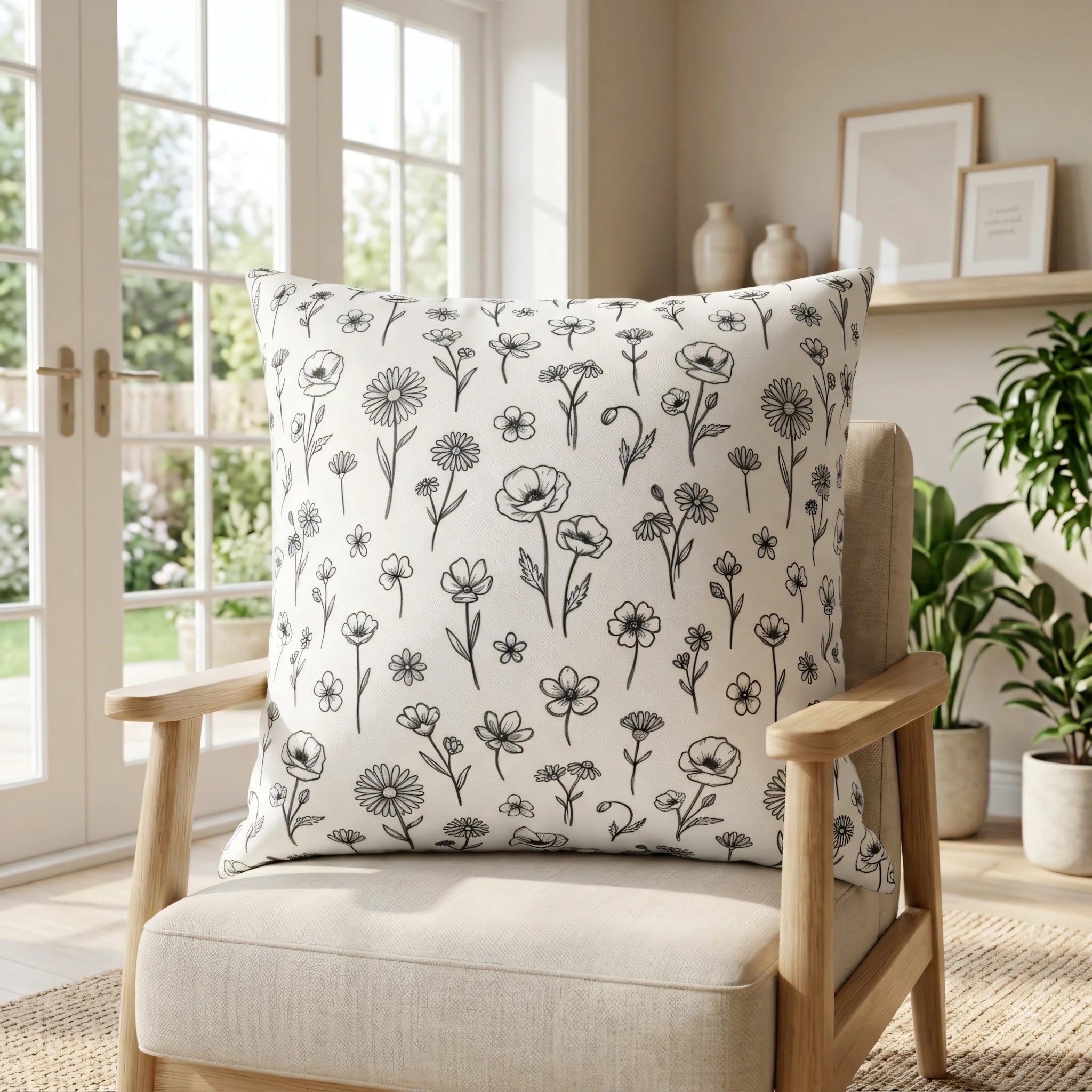 White cushion with black wildflower illustrations on a wooden armchair in a sun-drenched room with large windows and plants.