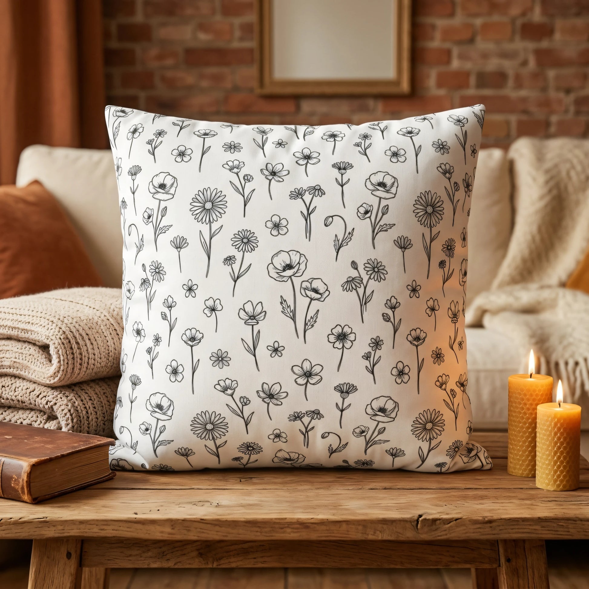 Decorative white throw pillow with black floral line art on a wooden coffee table in a cozy room with candles, a book, and blankets.