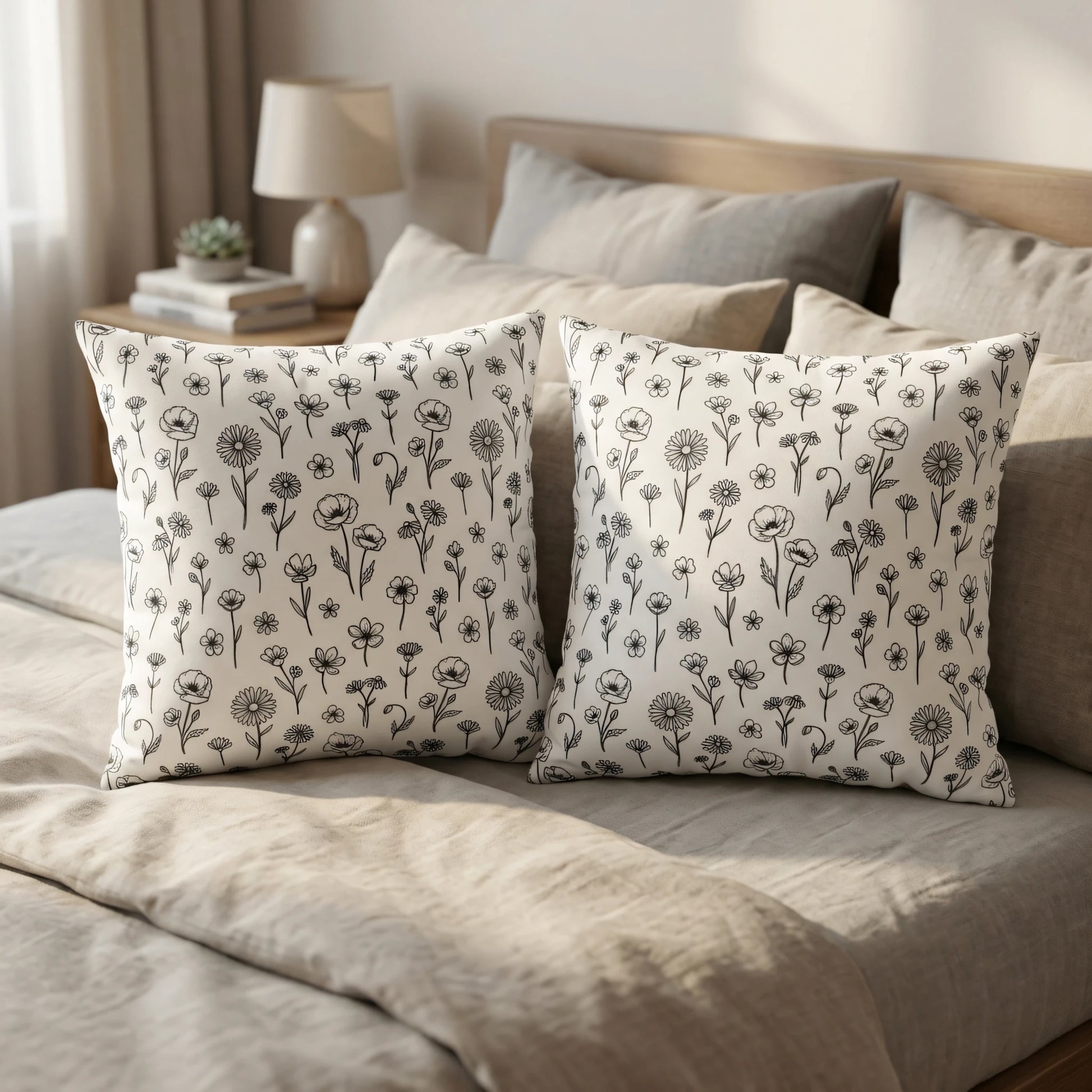 Two white throw pillows with black wildflower line art designs on a cozy beige bed with a wooden headboard in a bright modern bedroom setting.