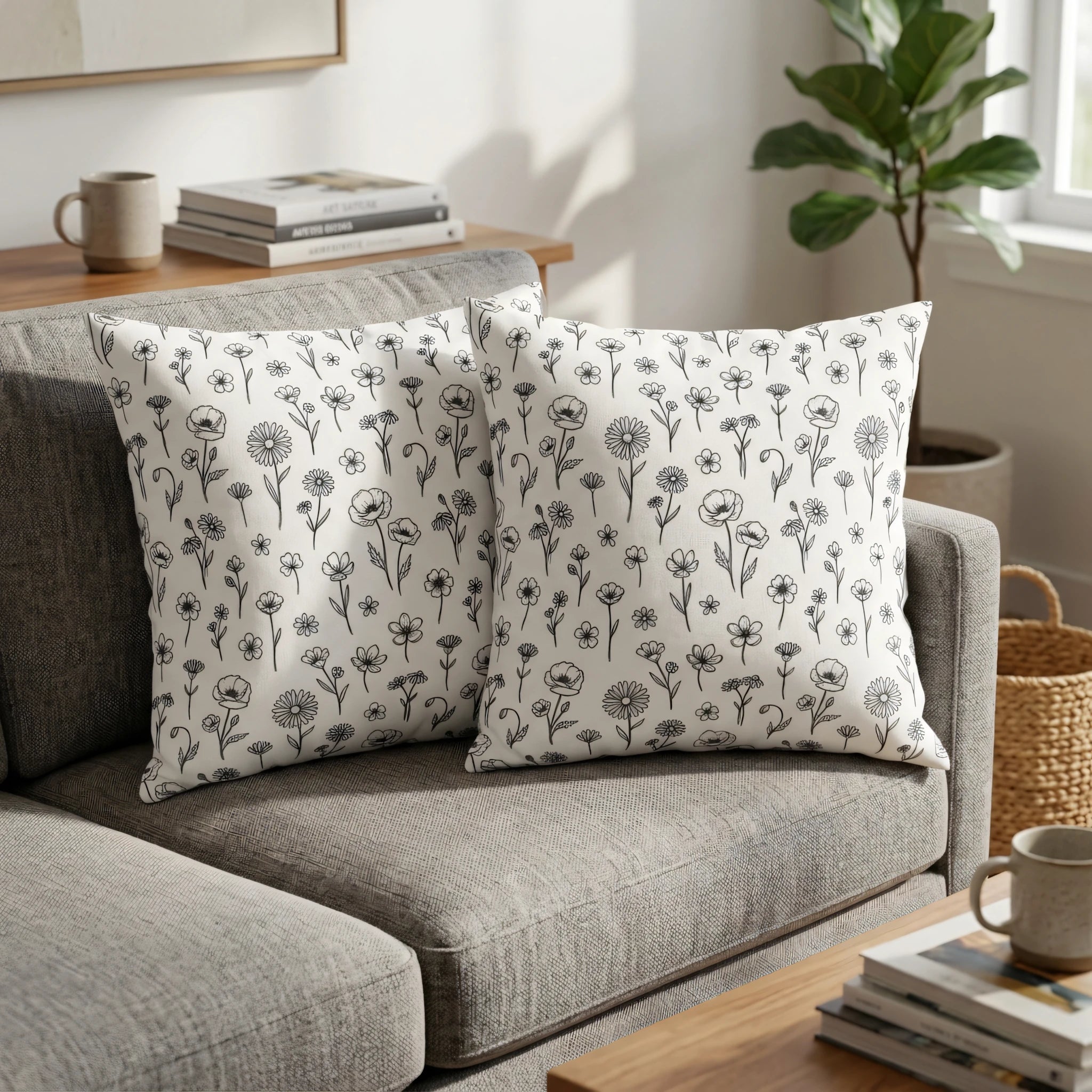 Two white decorative pillows with black floral line art on a grey sofa in a minimalist living room with a wooden table and plants.