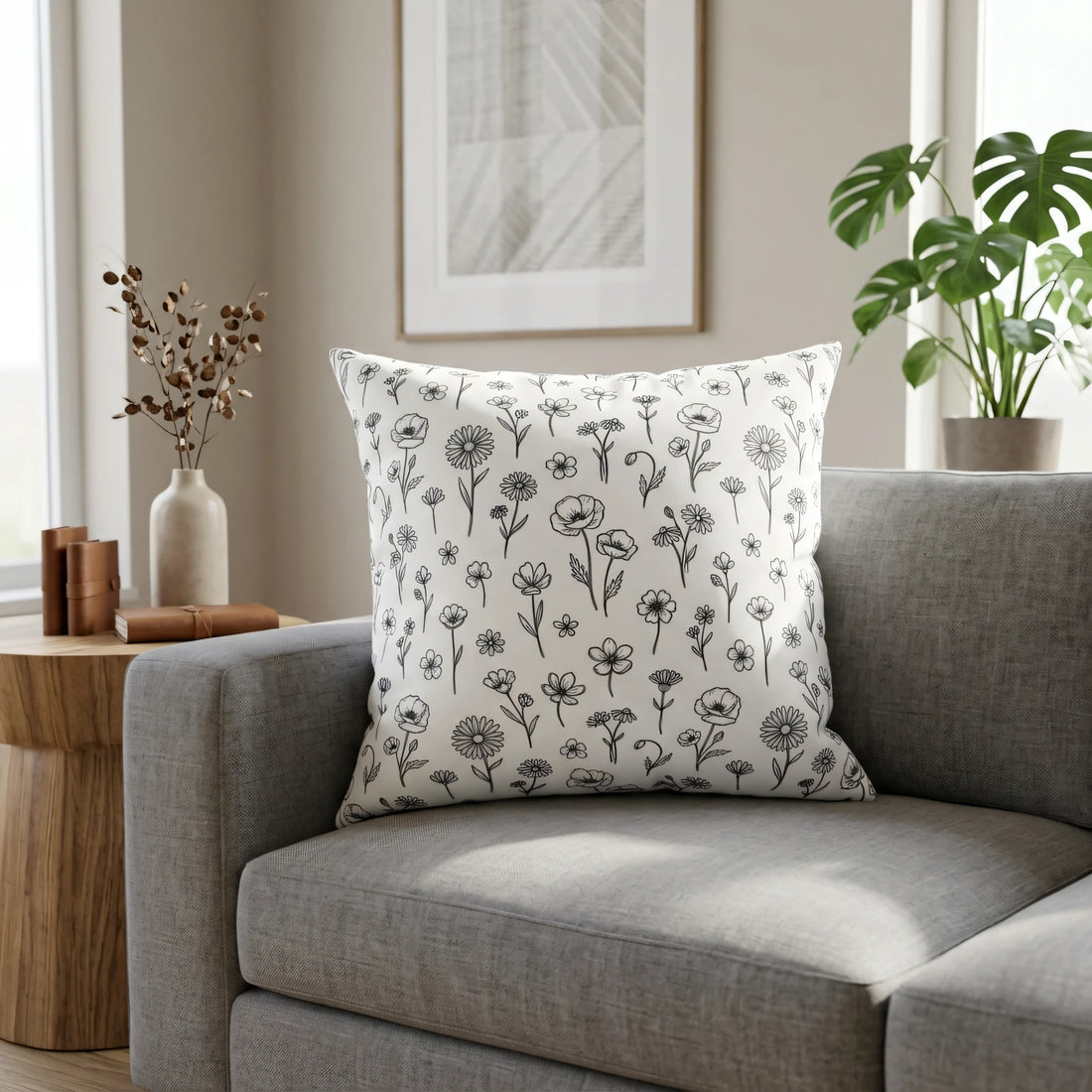 Square white throw pillow with black wildflower line art on a grey sofa in a modern living room setting with plants.