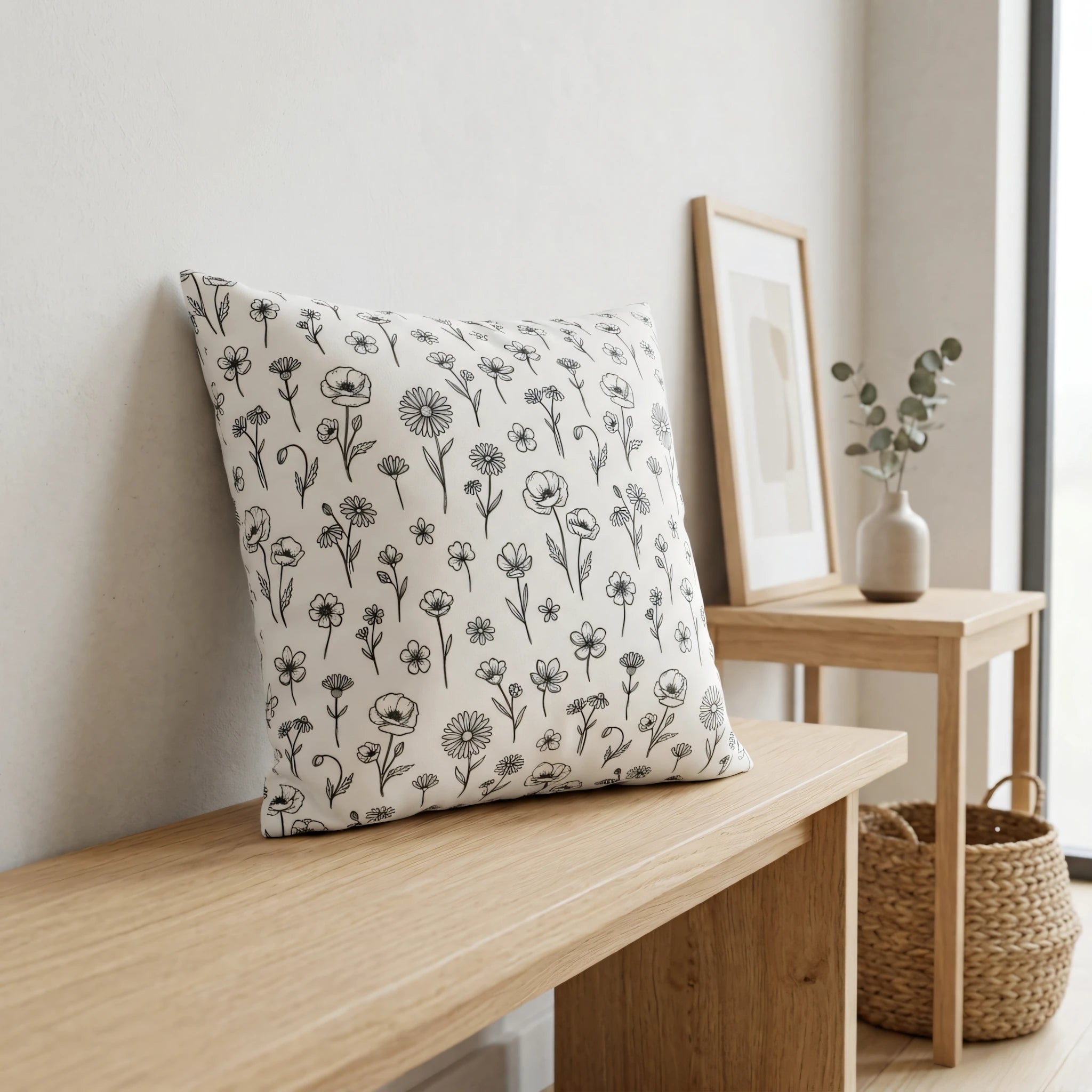 Minimalist throw pillow with black floral line art on a white background, resting on a wooden bench in a bright, modern interior lifestyle setting.