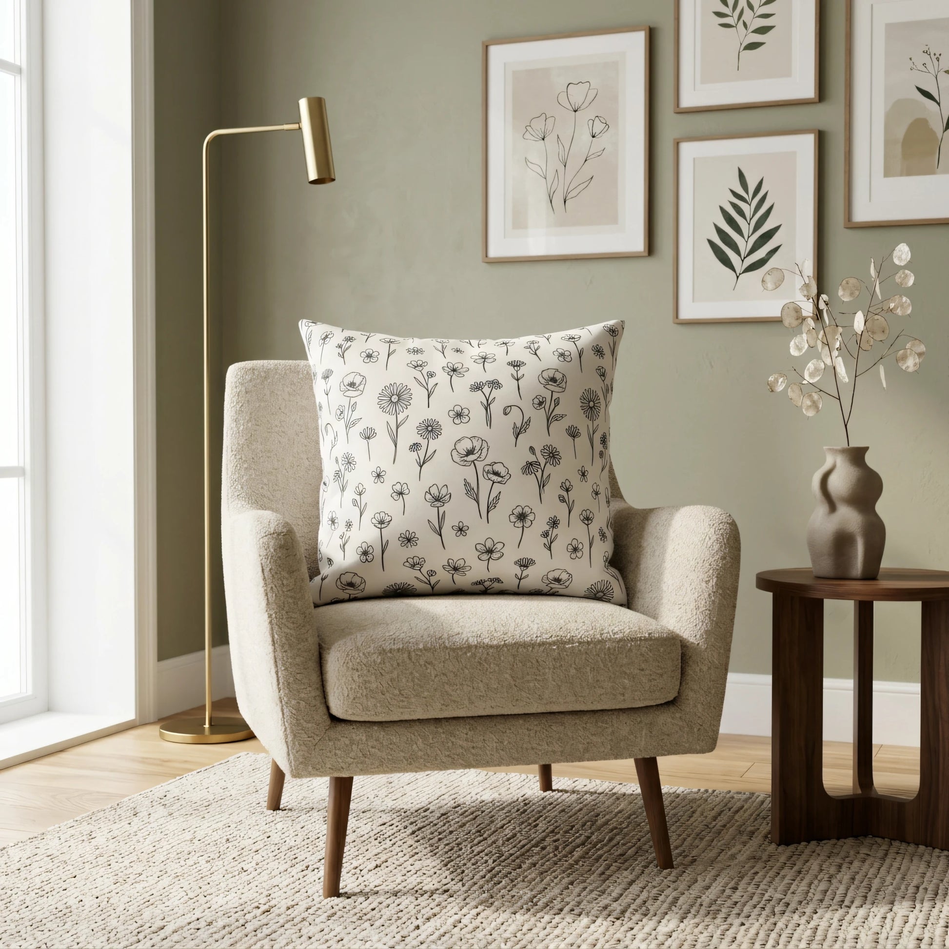 Floral line art cushion on a beige boucle armchair in a sage green room with minimalist wall art, a gold lamp, and a modern wooden side table.