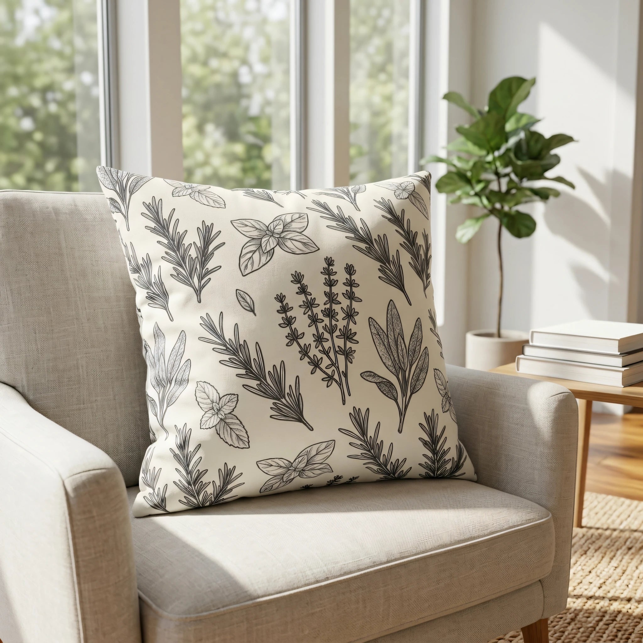 Cream botanical herb pattern throw pillow on a beige armchair in a bright, sunlit living room with large windows and a green indoor plant.