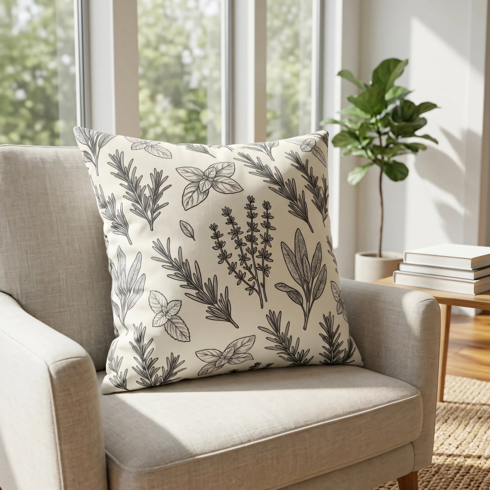 Cream botanical herb pattern throw pillow on a beige armchair in a bright, sunlit living room with large windows and a green indoor plant.