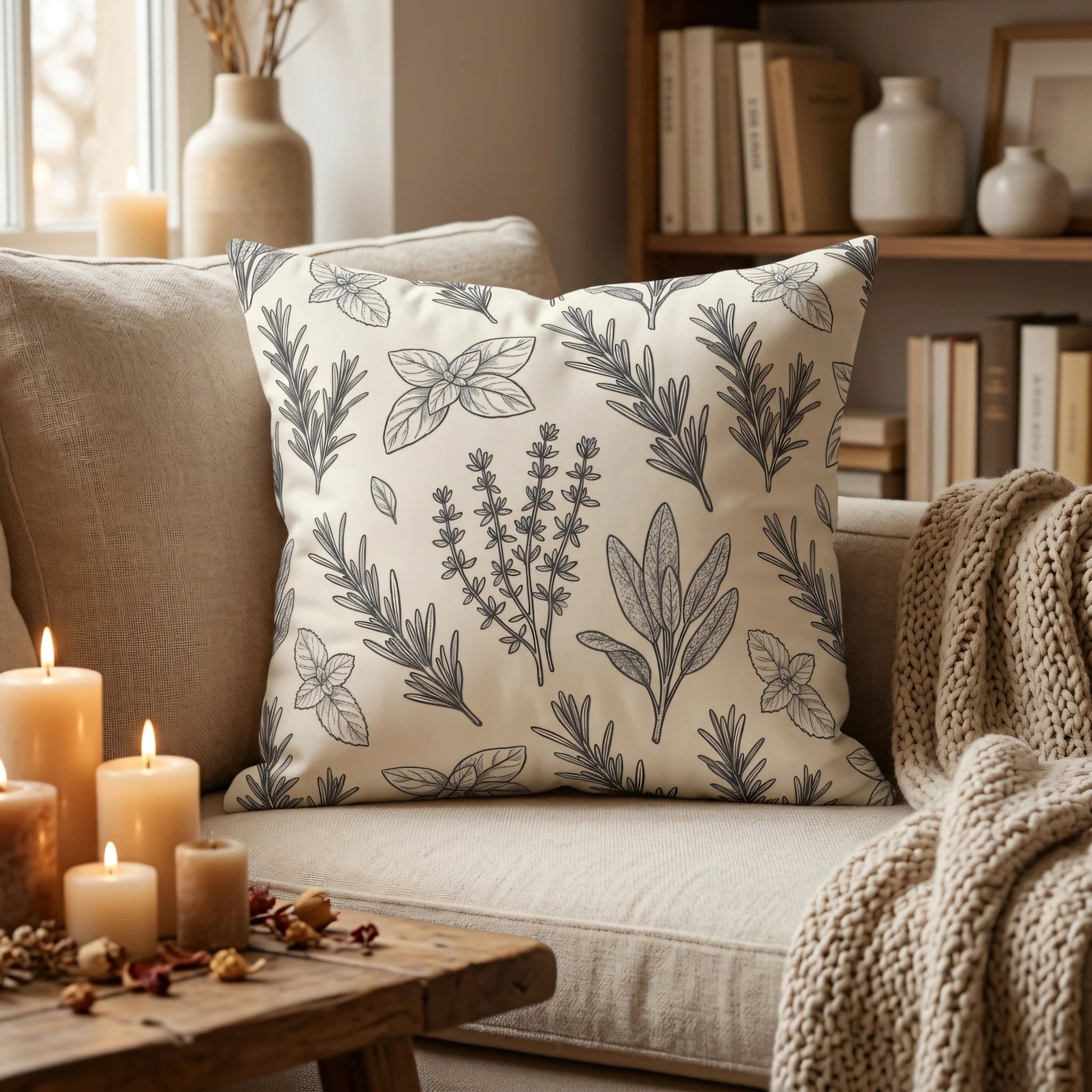 Cream cushion with charcoal botanical herb sketches on a cozy sofa, surrounded by lit candles and a warm knit blanket in a rustic living room.