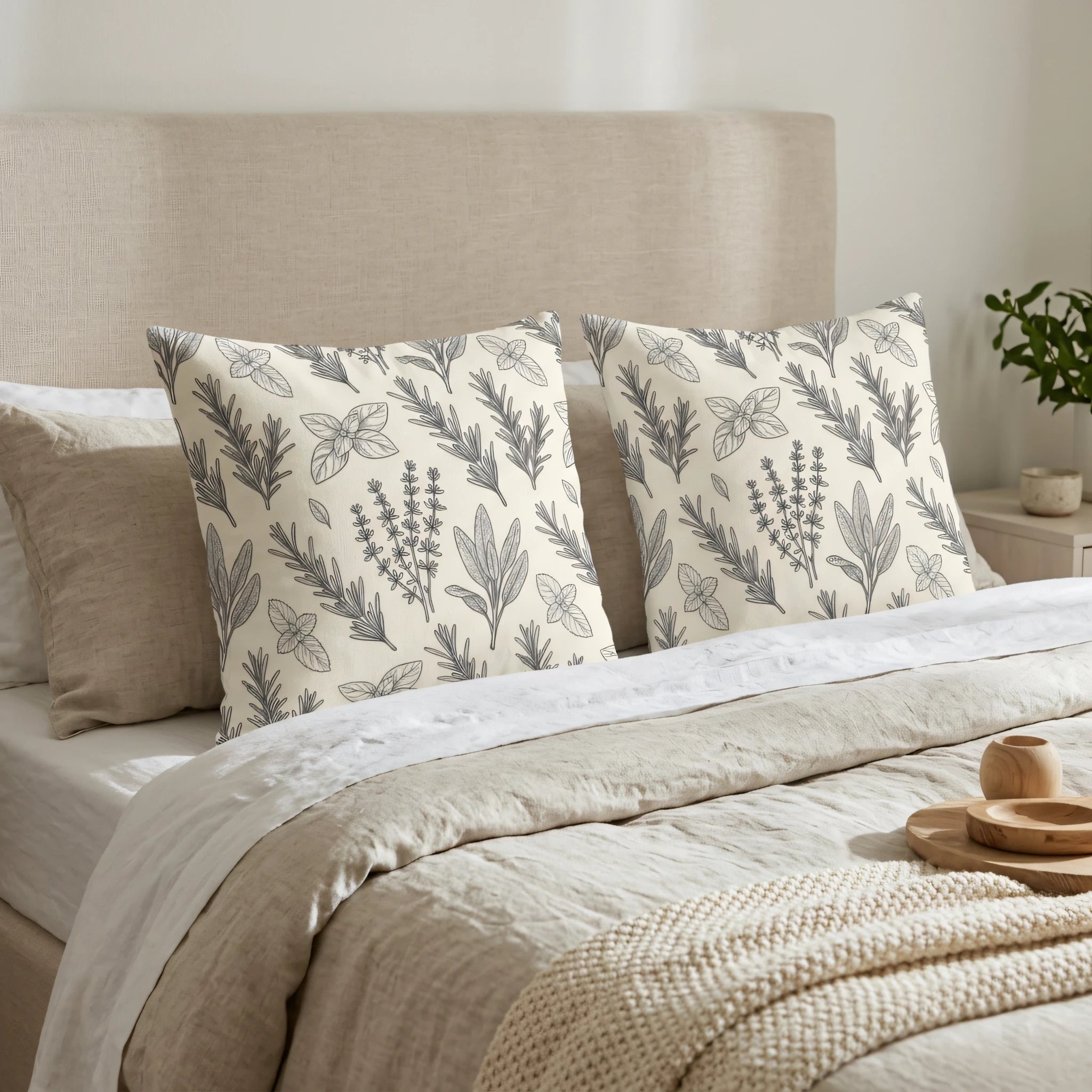 Pair of cream botanical herb cushions with grey line art of rosemary and sage on a neutral beige bed with cozy textured linens.